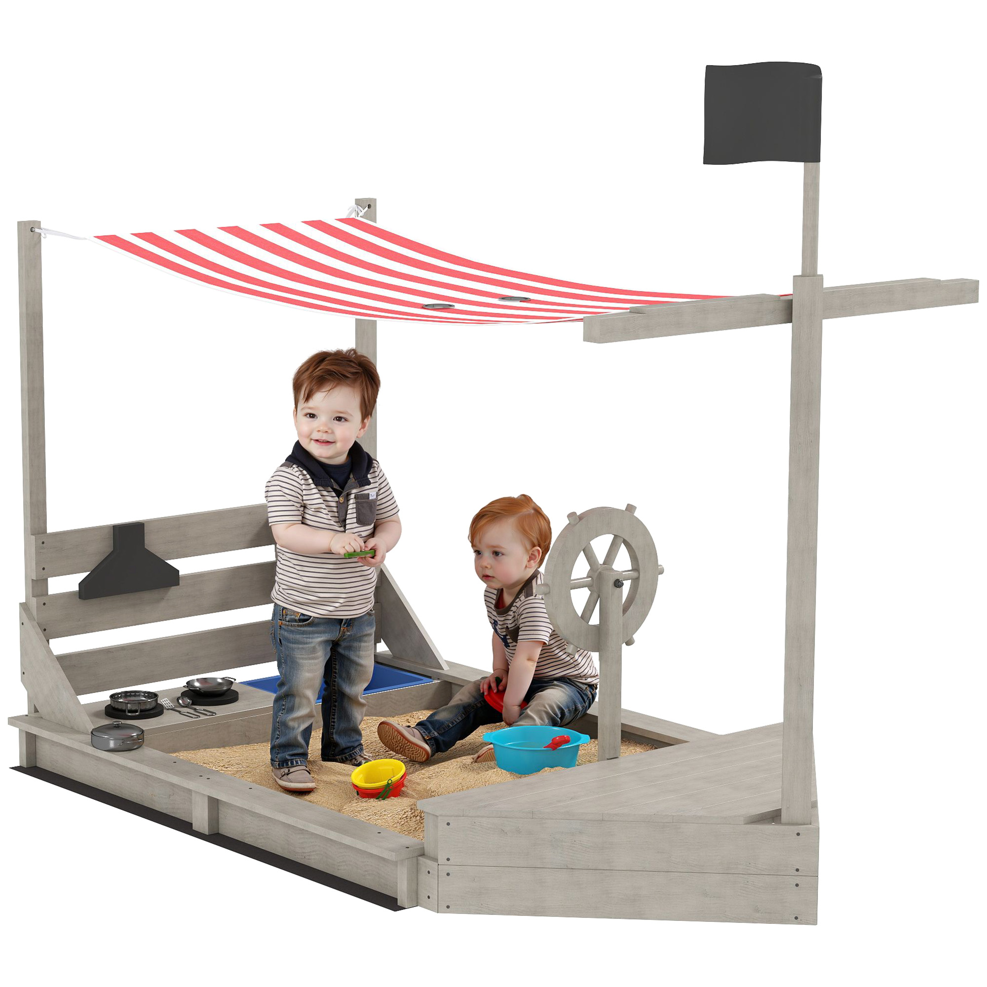 Outsunny Sandbox con tetto solare Piratenschiff, incluso set da cucina per bambini, Legno massello, 180 x 103 x 144,5 cm, Grigio Aosom Italy