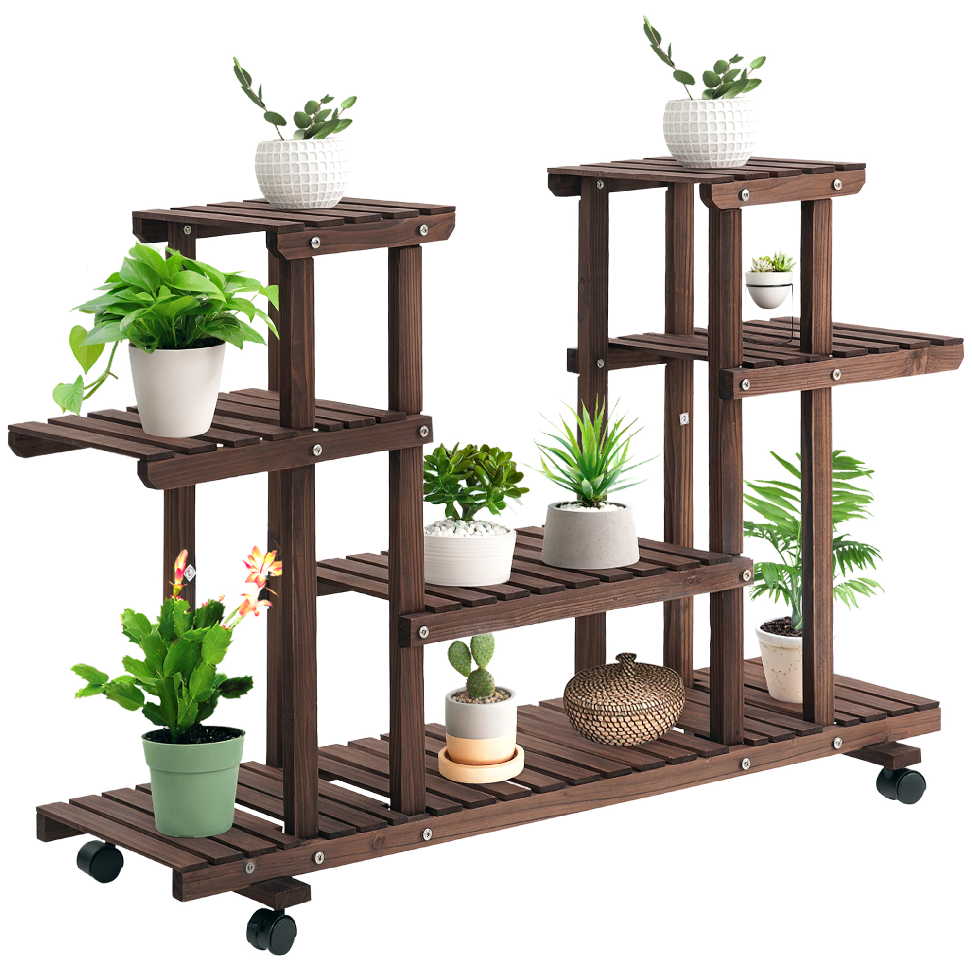 Outsunny Scaffale Portafiori in Legno a 4 Livelli, Fioriera da Esterno/Interno con Ruote, 123.5x33x80cm, Pratico e Elegante Aosom