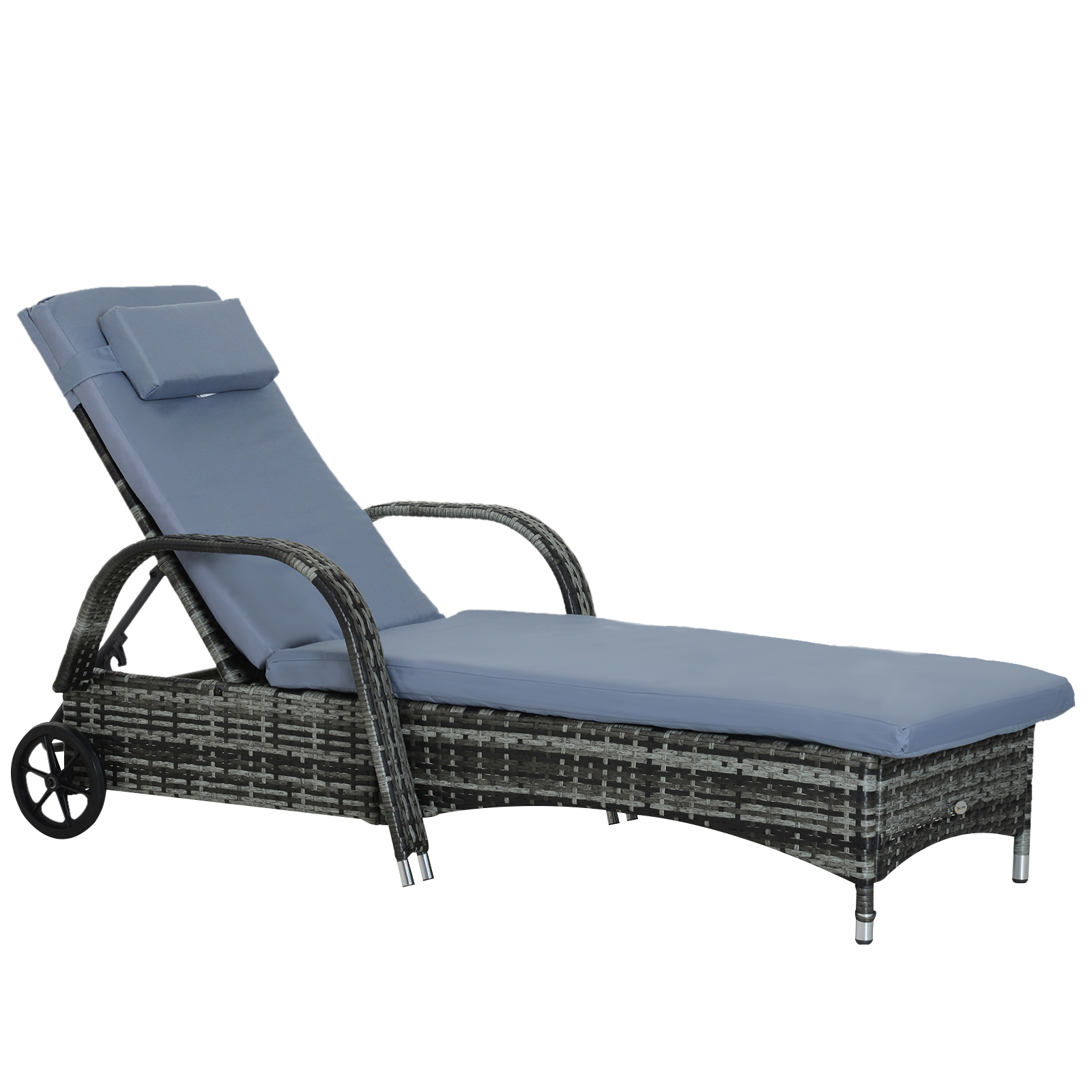 Outsunny Sdraio da Giardino in Polirattan con Schienale Regolabile in 5 Posizioni, Cuscino, Ruote, Portata 160 kg, Sedia Sdraio Relax per Giardino, 200x73x30-103cm, Grigio