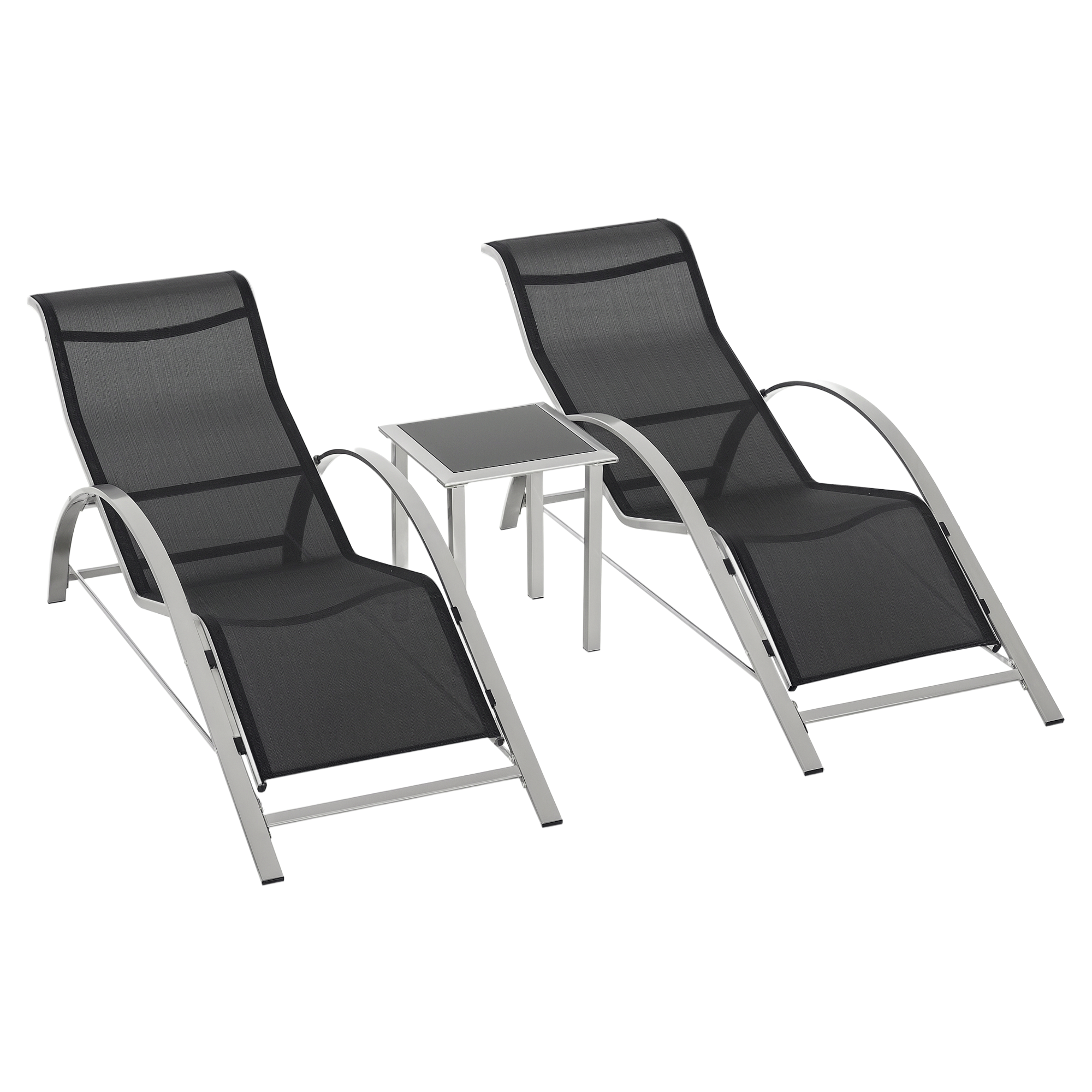 Outsunny Sdraio da Giardino Set 2 Lettino Prendisole con Tavolino con Vetro, Lettini Prendisole con Tessuto Traspirante 59x169x66cm, Nero Aosom