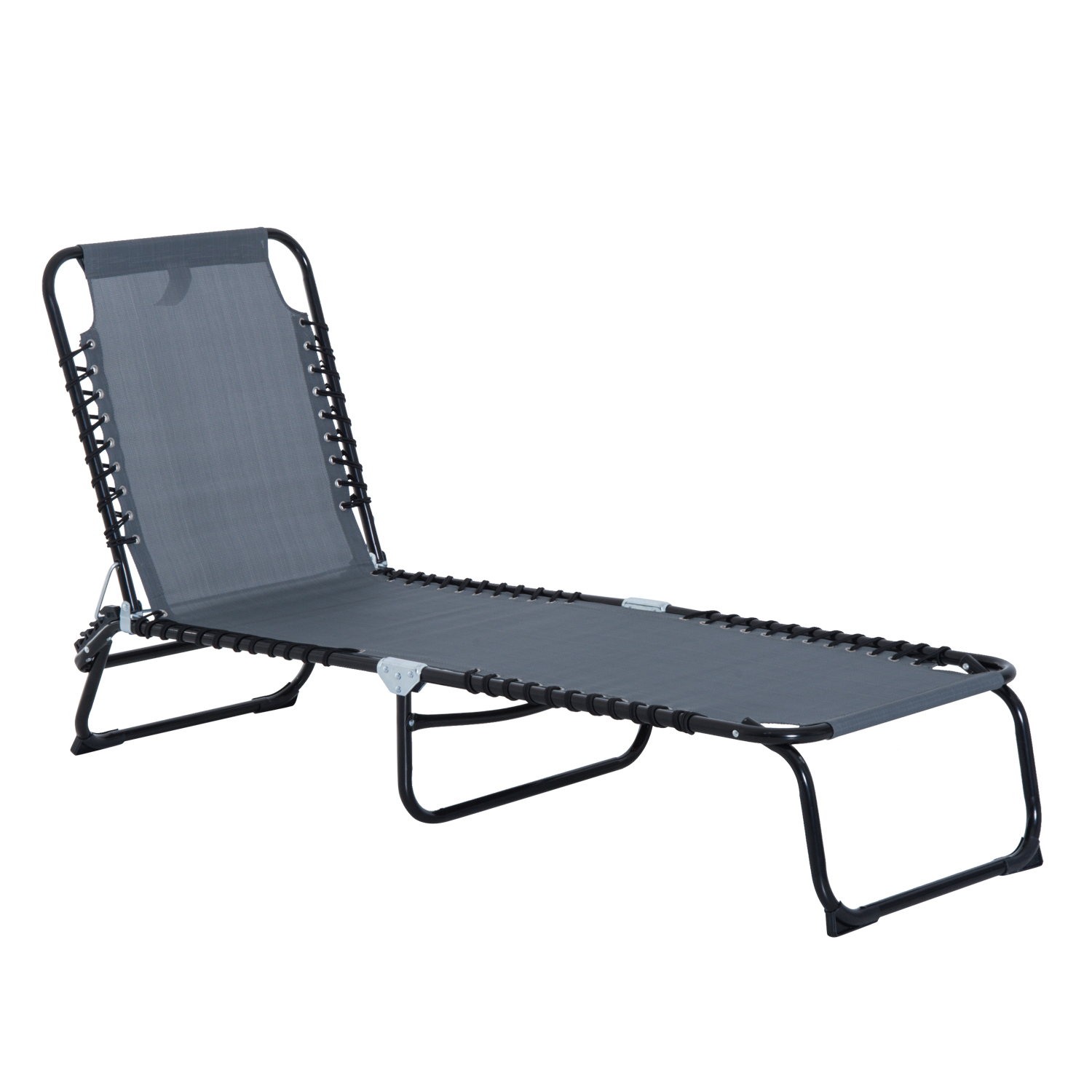 Outsunny Sdraio Prendisole Pieghevole Schienale Regolabile Multi-Posizioni Acciaio Termoplastico Lacci Elastici Tessuto Nero grigio textilene