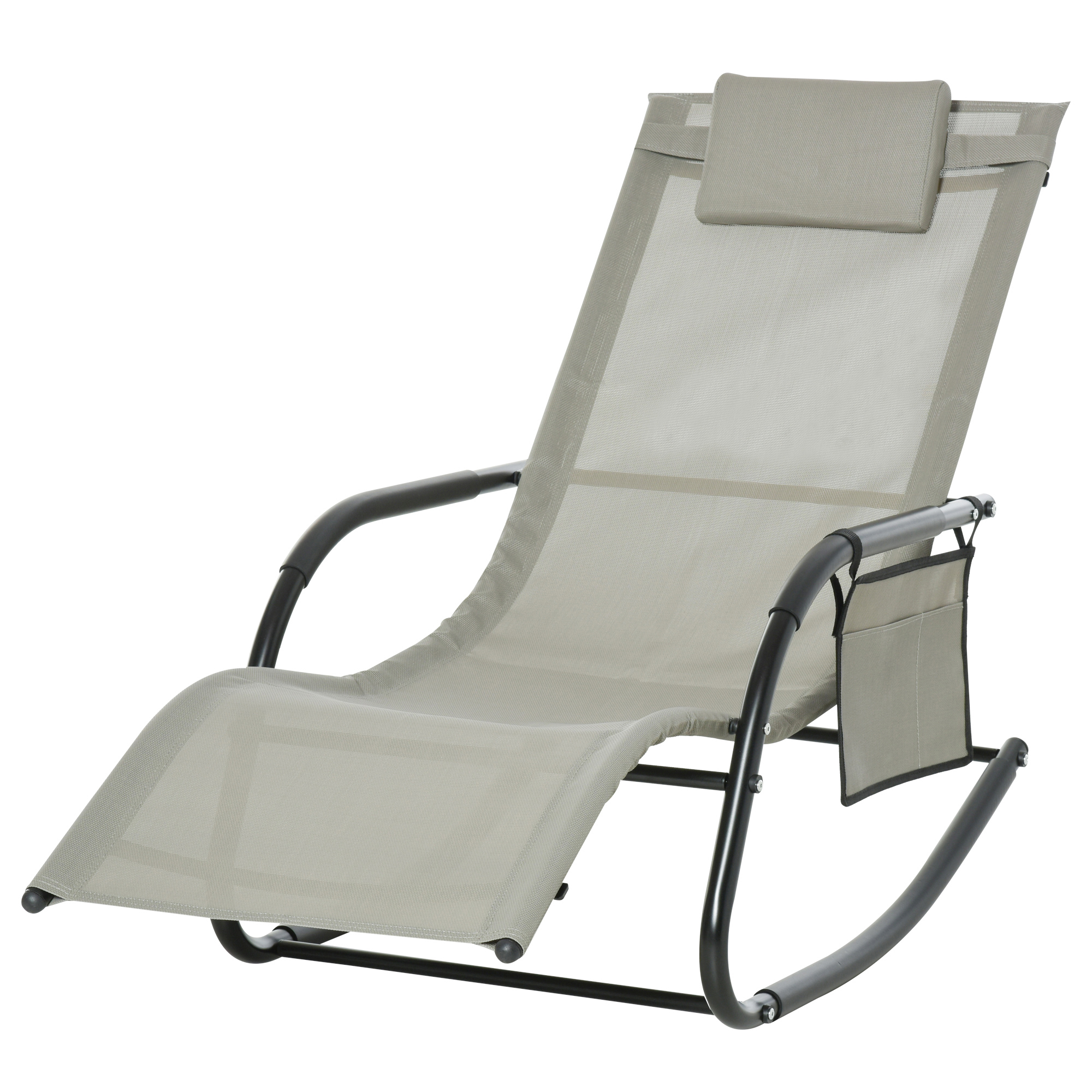 Outsunny Sedia a Dondolo da Esterno con Poggiatesta, Tasca Portaoggetti e Braccioli, per Giardino, Tearrazza o Bordo Piscina, Nero e Grigio Aosom