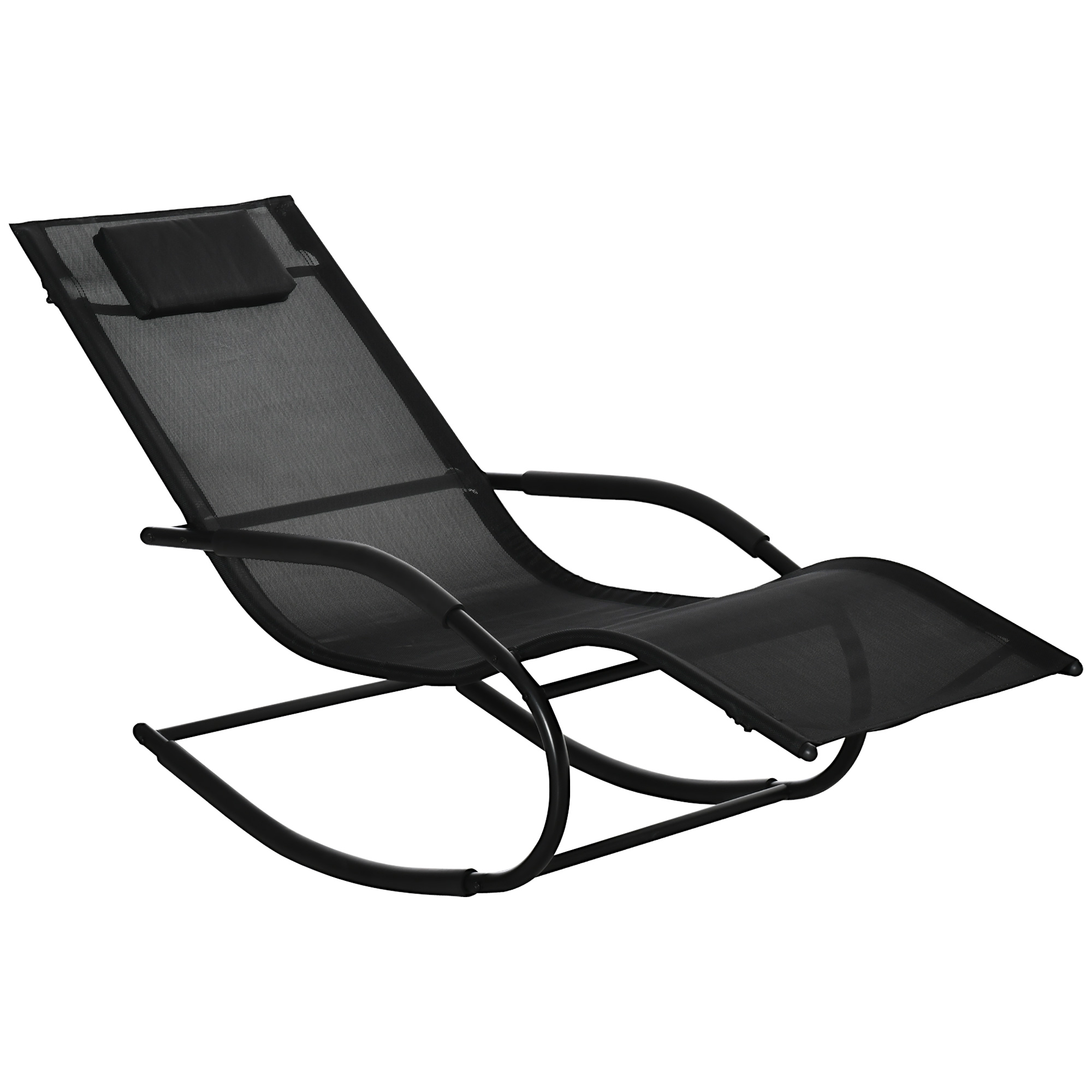 Outsunny Sedia a dondolo rocking chair ergonomica con poggiatesta braccioli metallo zincato textilene dim. 63l x 160P x 88H cm nero Outsunny Sedia a dondolo rocking chair ergonomica con poggiatesta braccioli metallo zincato textilene dim. 63l x 160P x 88H cm nero