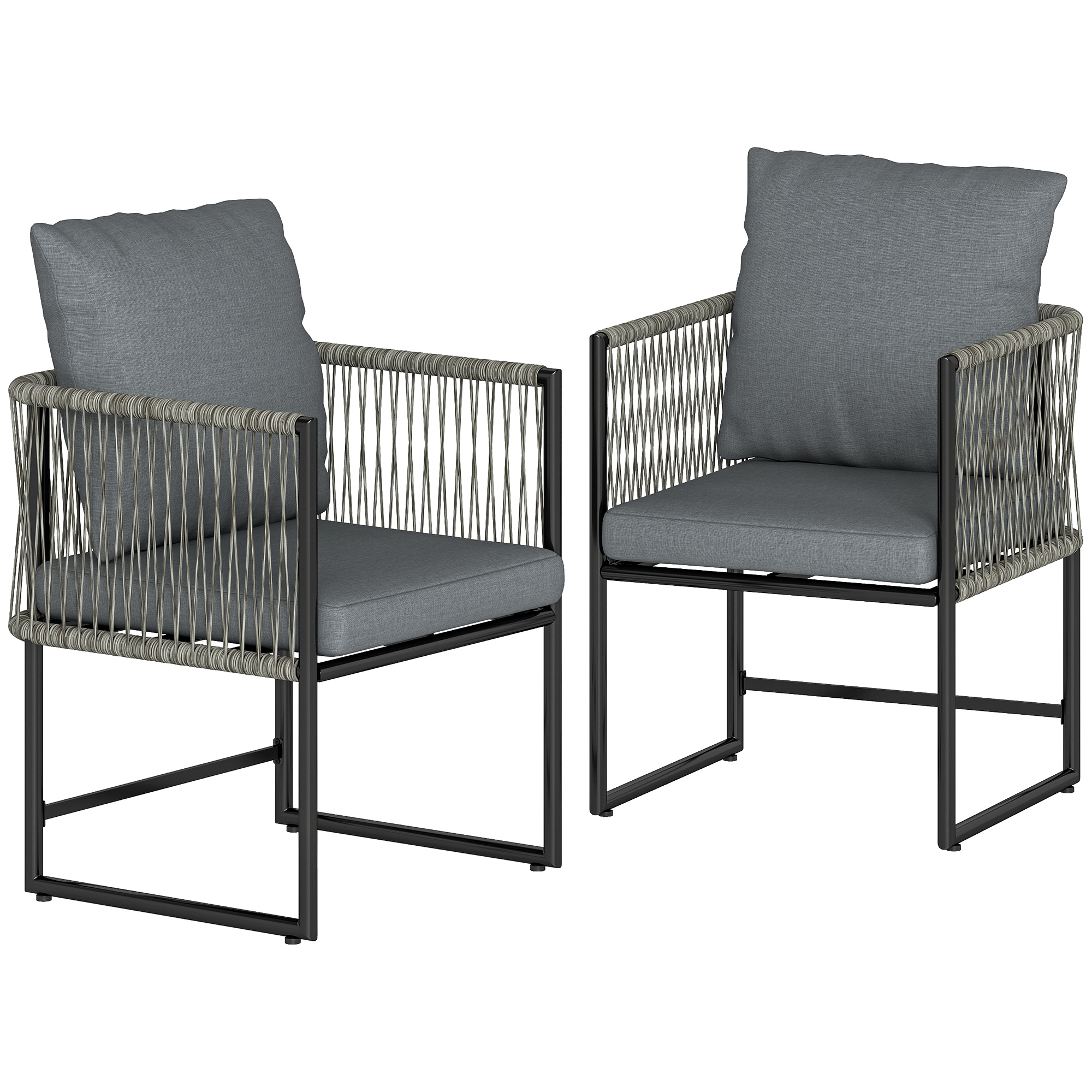 Outsunny Sedia da giardino set da 2 resistente alle intemperie sedie da giardino in acciaio PE-Rattan con cuscino, braccioli e schienale 52x52x66 cm Grigio scuro Aosom Italy
