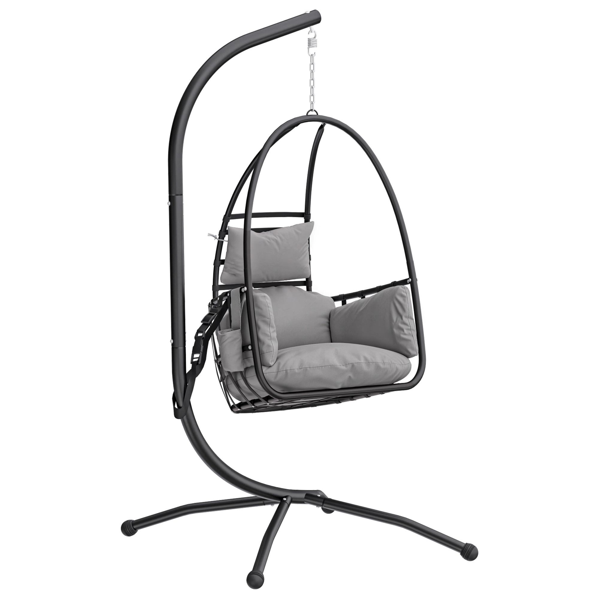 Outsunny Sedia Sospesa a Uovo con Supporto, Cestino Pieghevole, Poggiatesta, Cuscino e Tasca Laterale, Portata 120 kg, Grigio Scuro Aosom Italy