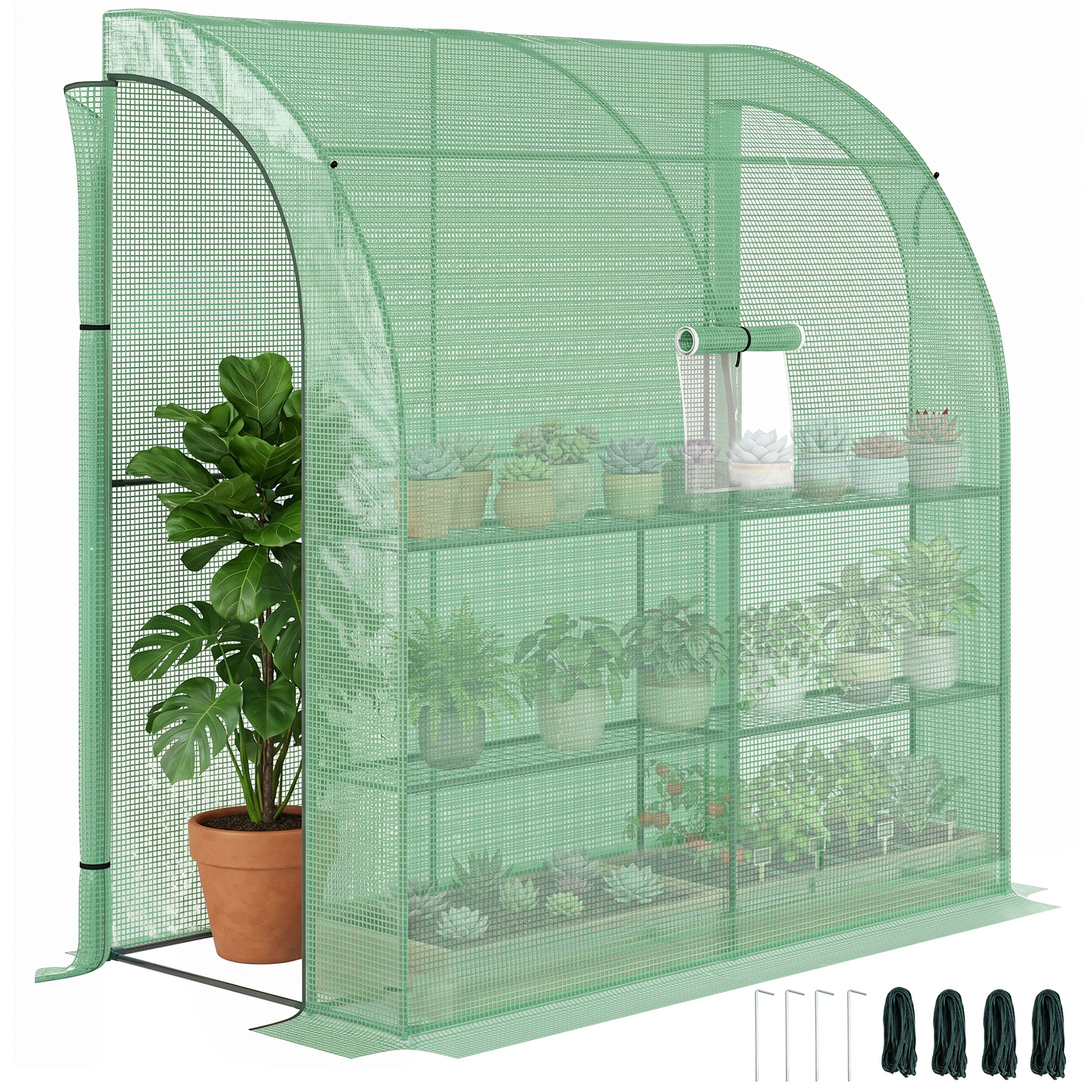 Outsunny Serra Addossata a 3 Livelli con Porte e Finestre Avvolgibili, in PE e Acciaio, 200x100x215 cm, Verde Aosom Italy