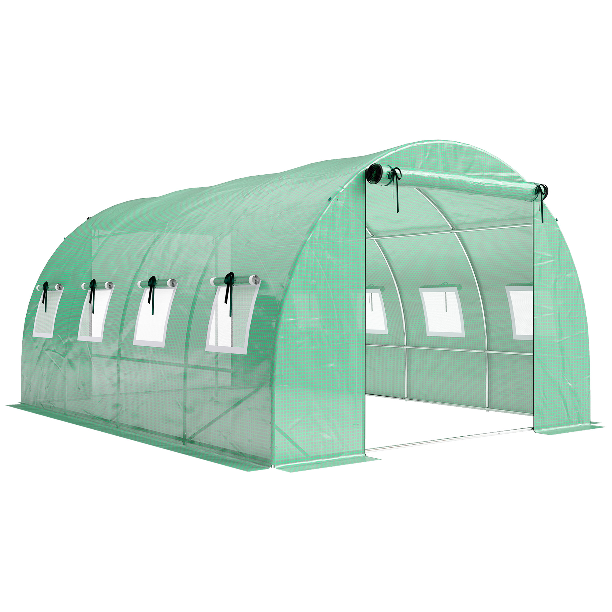 Outsunny Serra circa 4 x 3 x 2 m Serra in telo con porta avvolgibile 2 porte con cerniera & 8 finestre a rete Aste di supporto Verde Aosom Italy