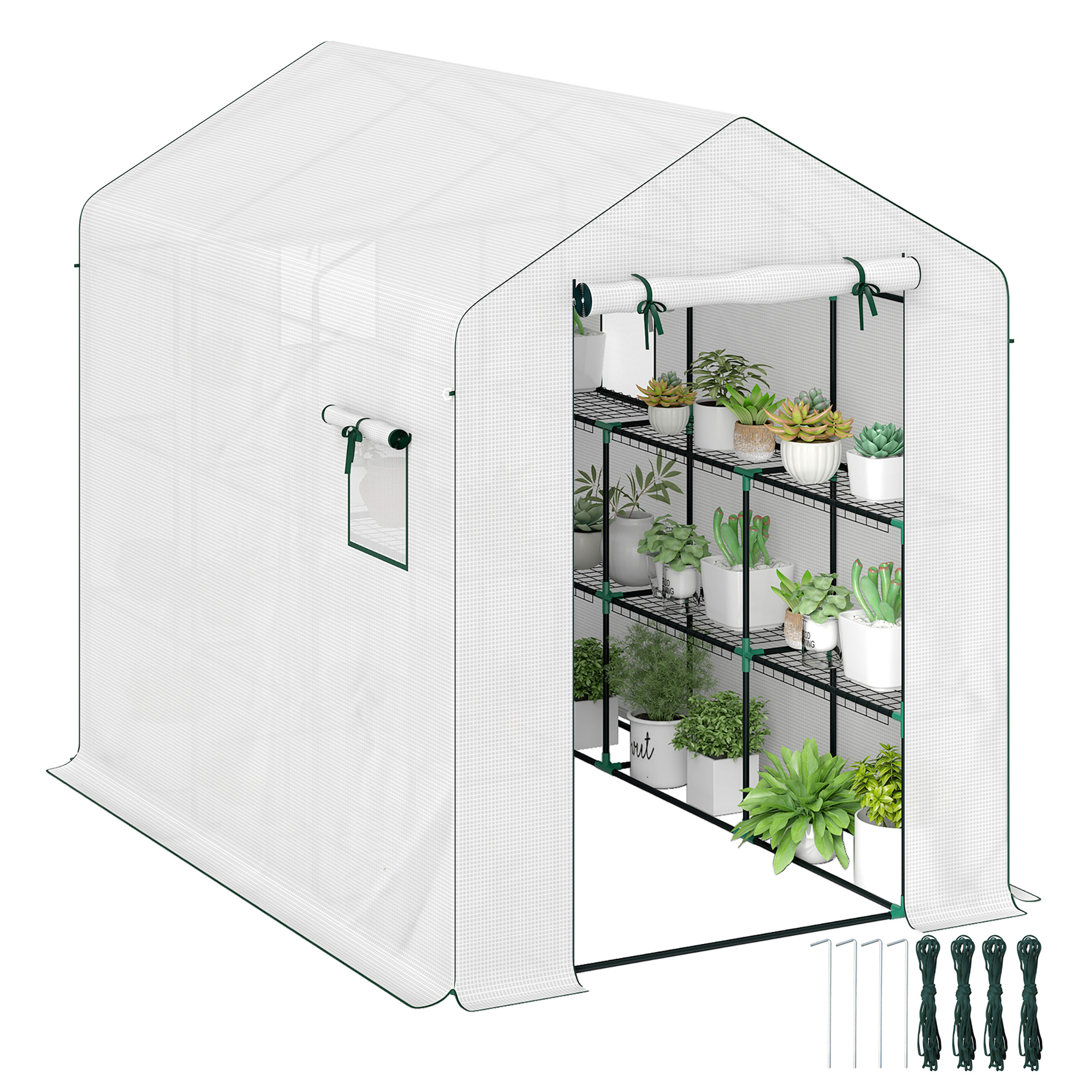 Outsunny Serra da giardino 3 m² con ripiani 3 livelli, PE rinforzata 135 g/m² anti-UV, porta avvolgibile e finestre in rete