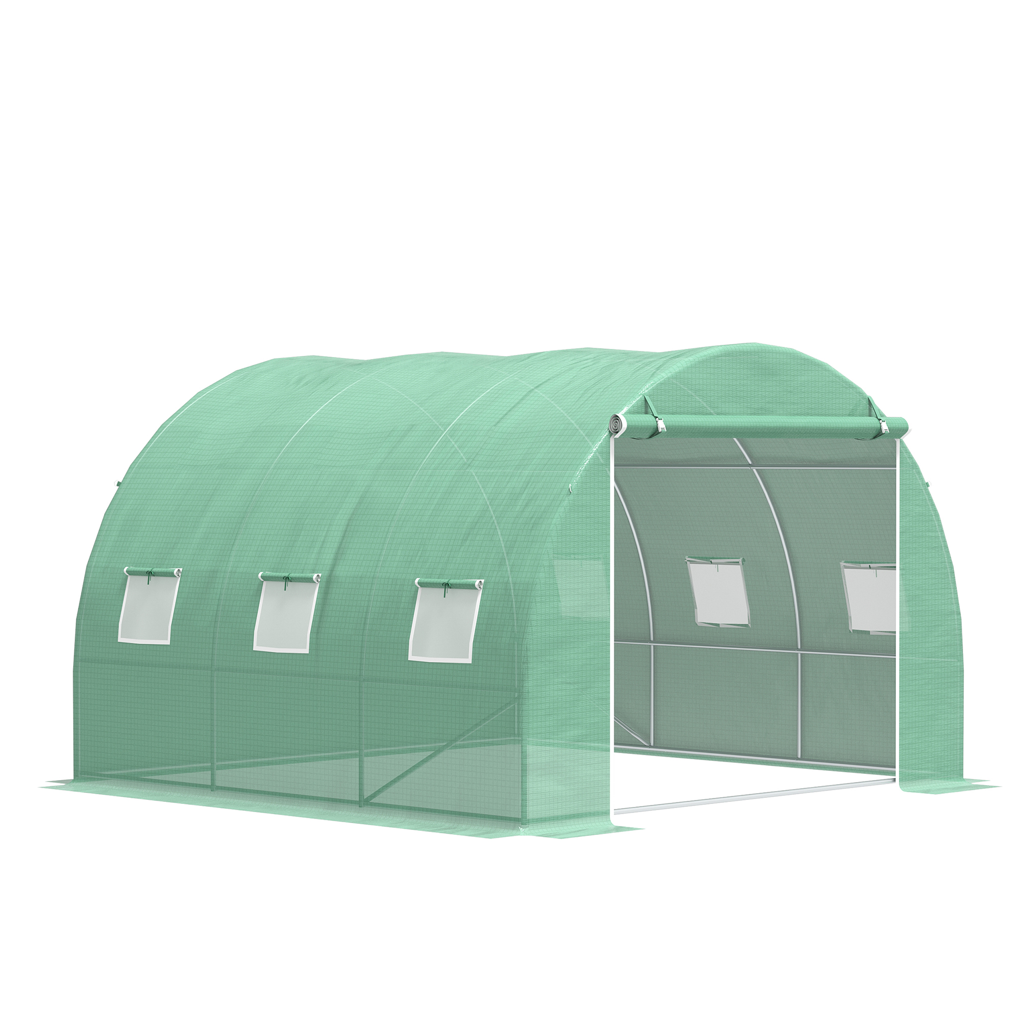Outsunny Serra da giardino 9 m² serra a tunnel da giardino 3 x 3 x 2 m con porta rullo e 6 finestre in rete in acciaio PE verde