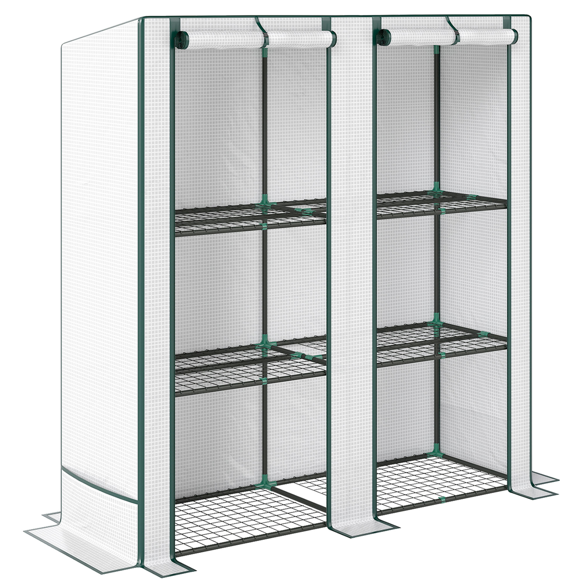 Outsunny Serra da Giardino con 2 Porte Avvolgibili, Scaffale a 3 Ripiani e Tasche Laterali, Bianco e Verde Aosom Italy