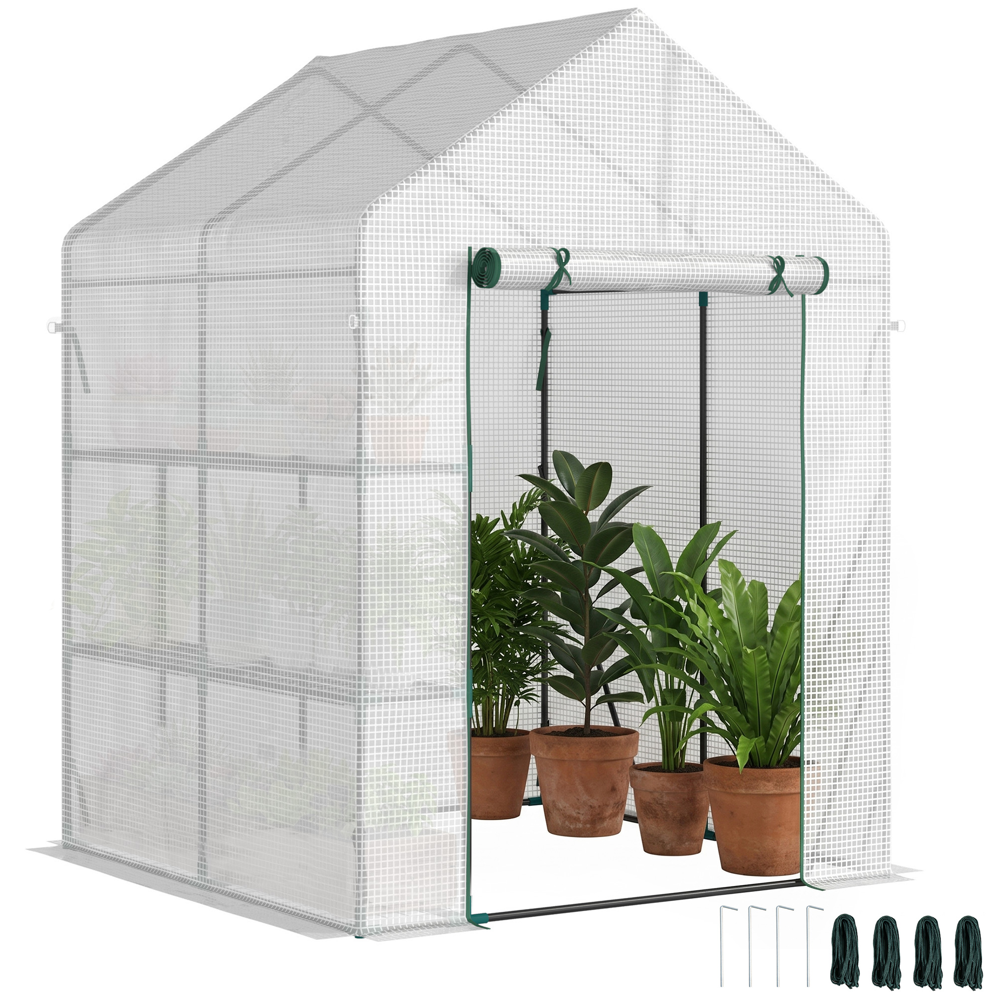 Outsunny Serra da Giardino con 2 Scaffali e Porta Avvolgibile per Esterni, 143x143x195cm, Bianco Aosom Italy