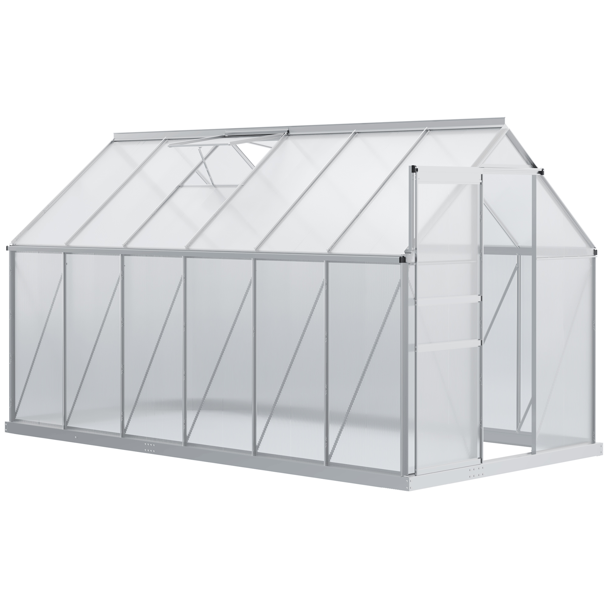Outsunny Serra da Giardino in Policarbonato 7,1 m² dim. 1,9L x 3,75l x 1,99 m con Fondazione, Abbaino regolabile, Porta scorrevole - Argento e Trasparente Outsunny Serra da Giardino in Policarbonato 7,1 m² dim. 1,9L x 3,75l x 1,99 m con Fondazione, Abbaino regolabile, Porta scorrevole - Argento e Trasparente