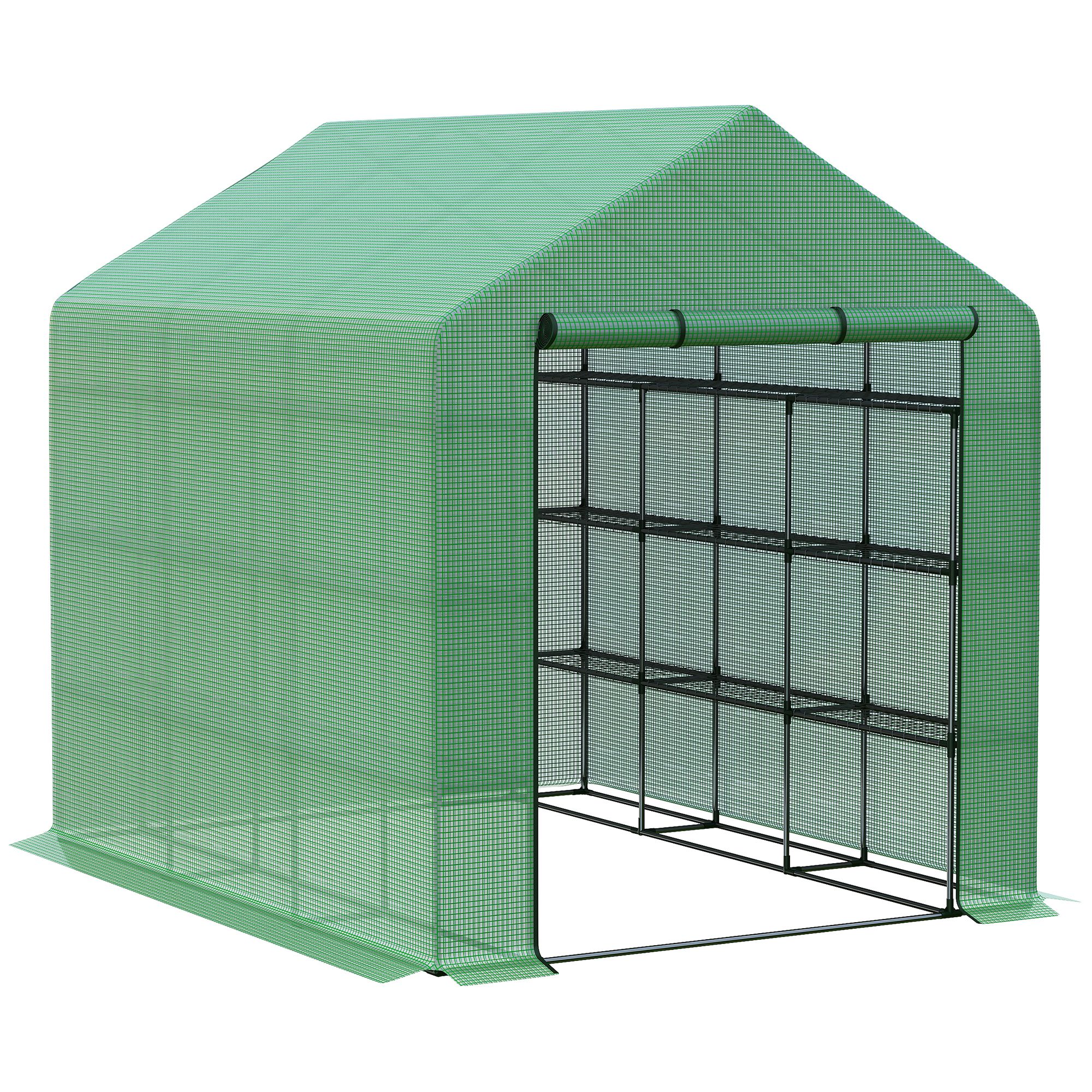 Outsunny Serra da giardino serra d'inverno con ripiani a 3 livelli porta avvolgibile tubo in acciaio 244 x 180 x 210 cm verde