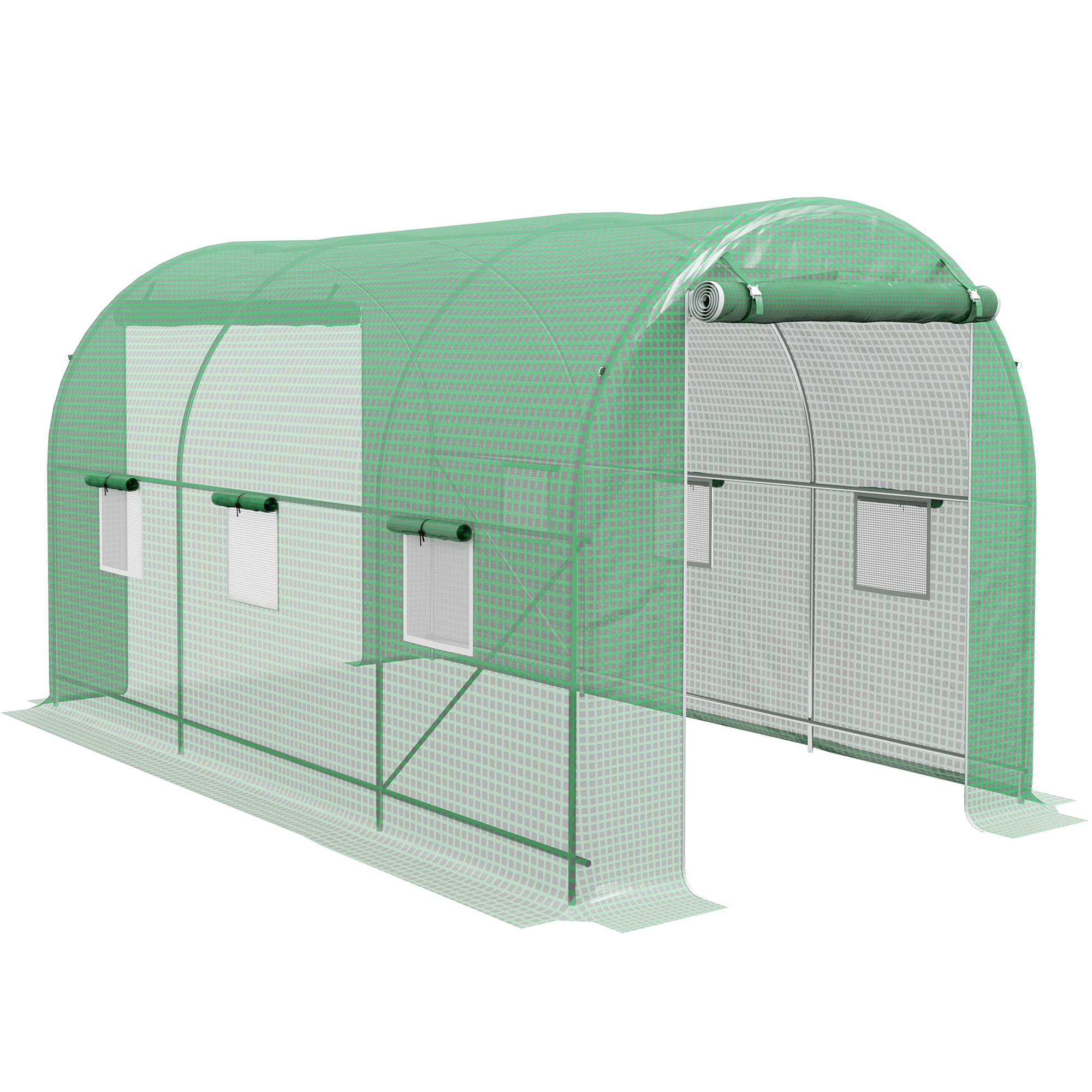 Outsunny Serra da Giardino Tunnel Superficie a Terra 8 m² 4L x 2l x 2,05H m telaio Tubolare Porta con Zip 6 Finestre Avvolgibili verde