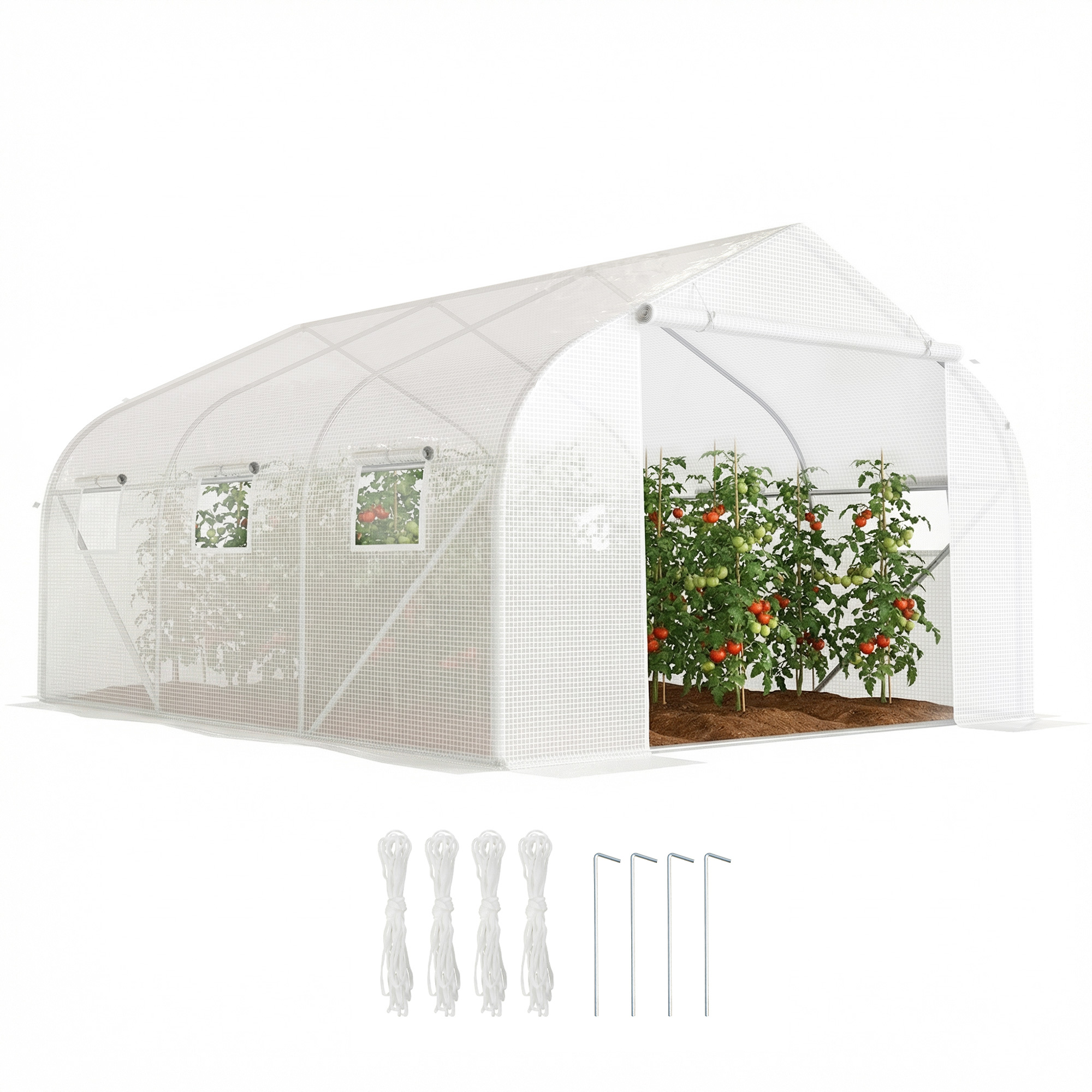 Outsunny Serra per Orto a Tunnel con 6 Finestre e Porta Avvolgibile, Serra da Giardino a Tunnel in PE con Tubi in Metallo, per Piante e Frutto, 4.5x3m, Bianco