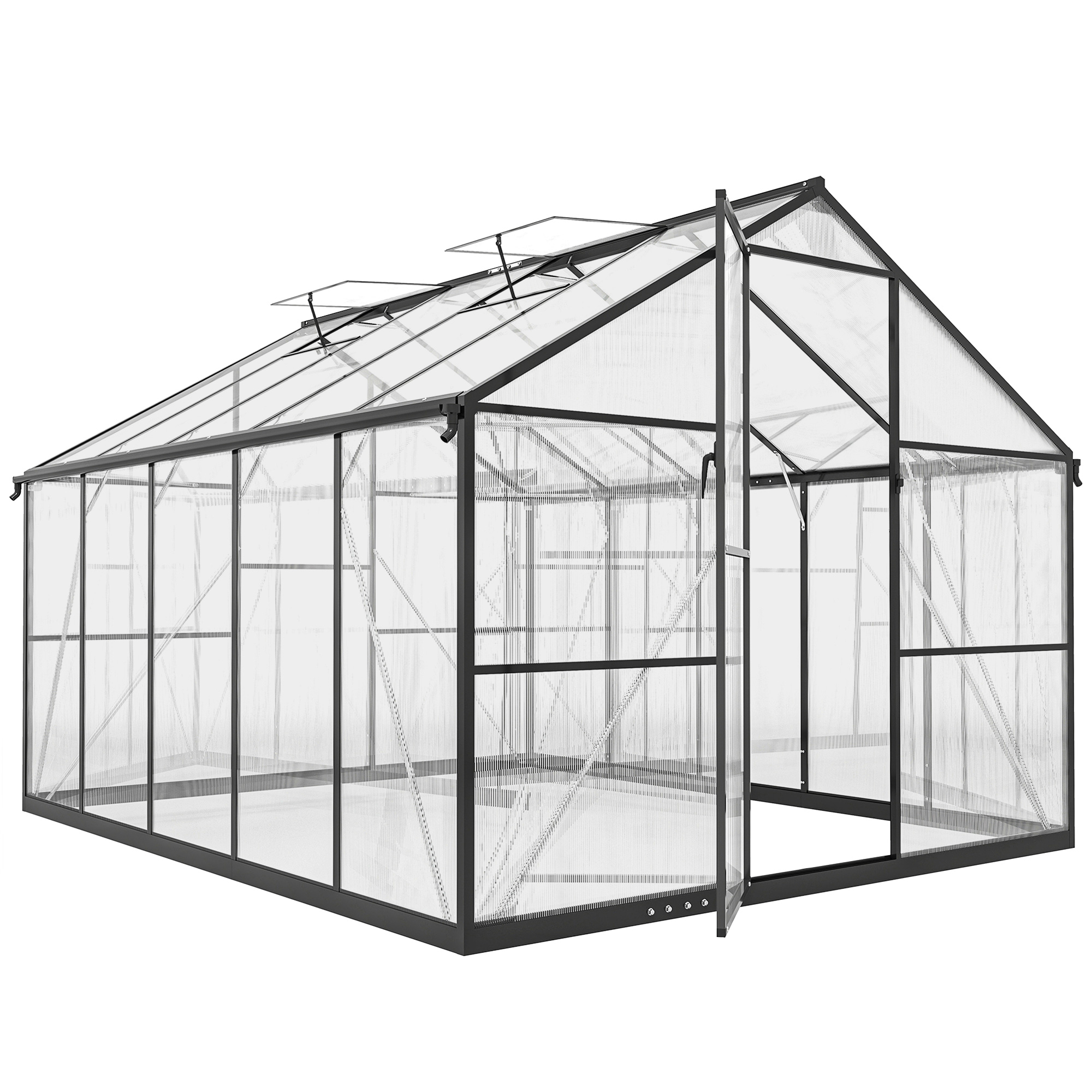 Outsunny Serra per Orto in PC e Alluminio con Porta a Battente e 2 Finestre Regolabili, 304x247x205 cm, Nero Aosom Italy Outsunny Serra per Orto in PC e Alluminio con Porta a Battente e 2 Finestre Regolabili, 304x247x205 cm, Nero Aosom Italy