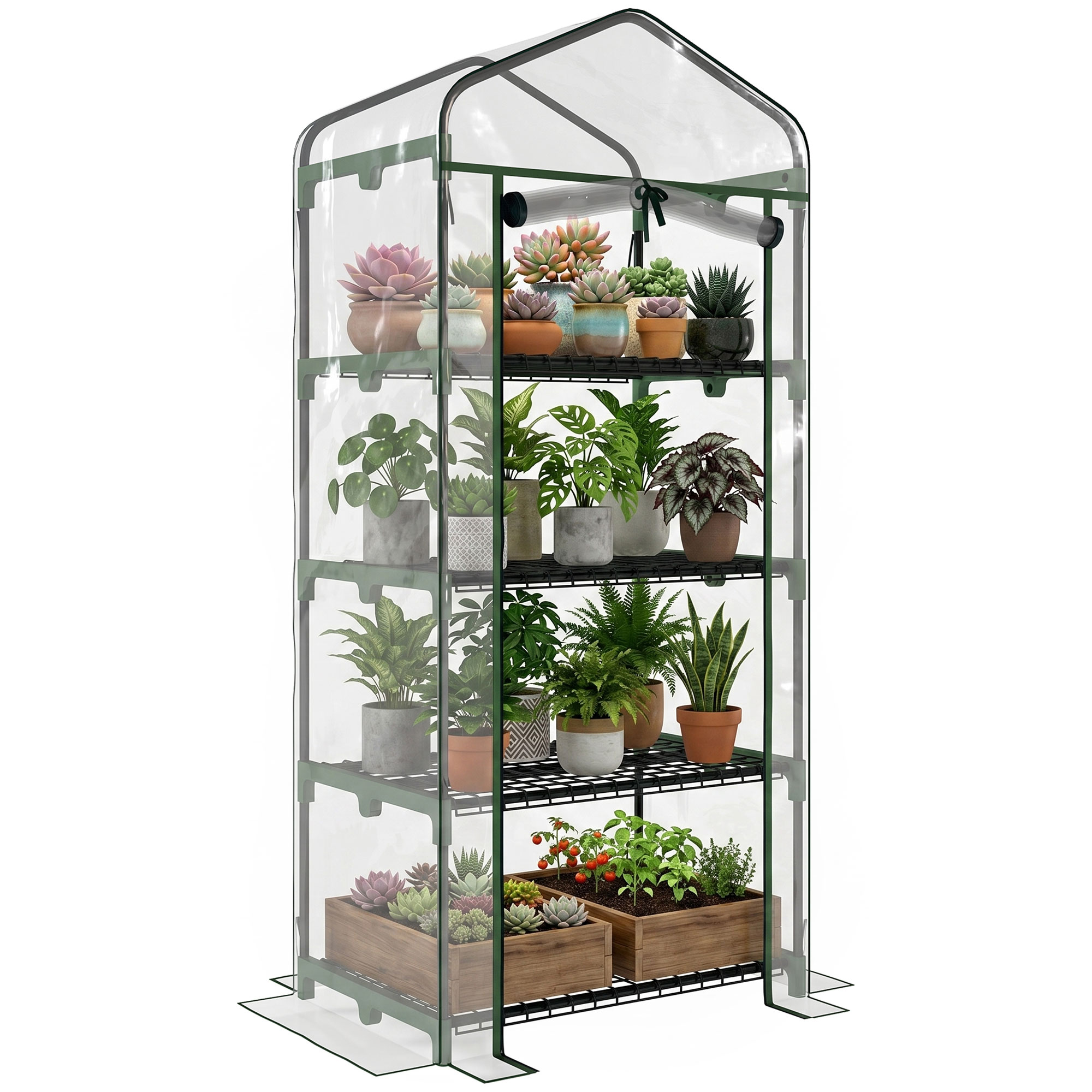 Outsunny Serra per Orto Verticale con Porta avvolgibile, 4 Ripiani e Copertura in PVC Trasparente, 70x50x160cm, Verde scuro Aosom Italy