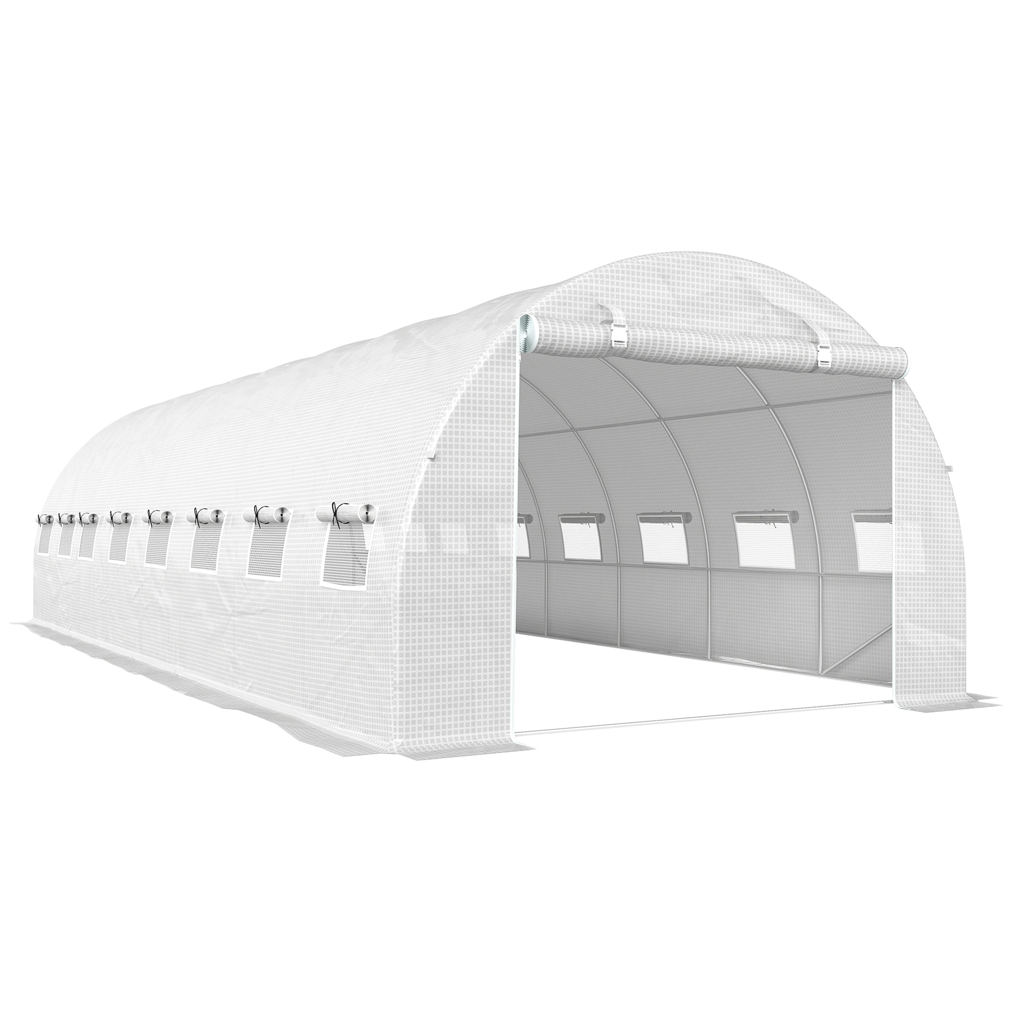 Outsunny Serra tunnel da giardino 24m² con 16 finestre, Porta avvolgibile con zip acciaio zincato, telo PE, 8L x 3l x 2H m,Bianco Aosom Italy