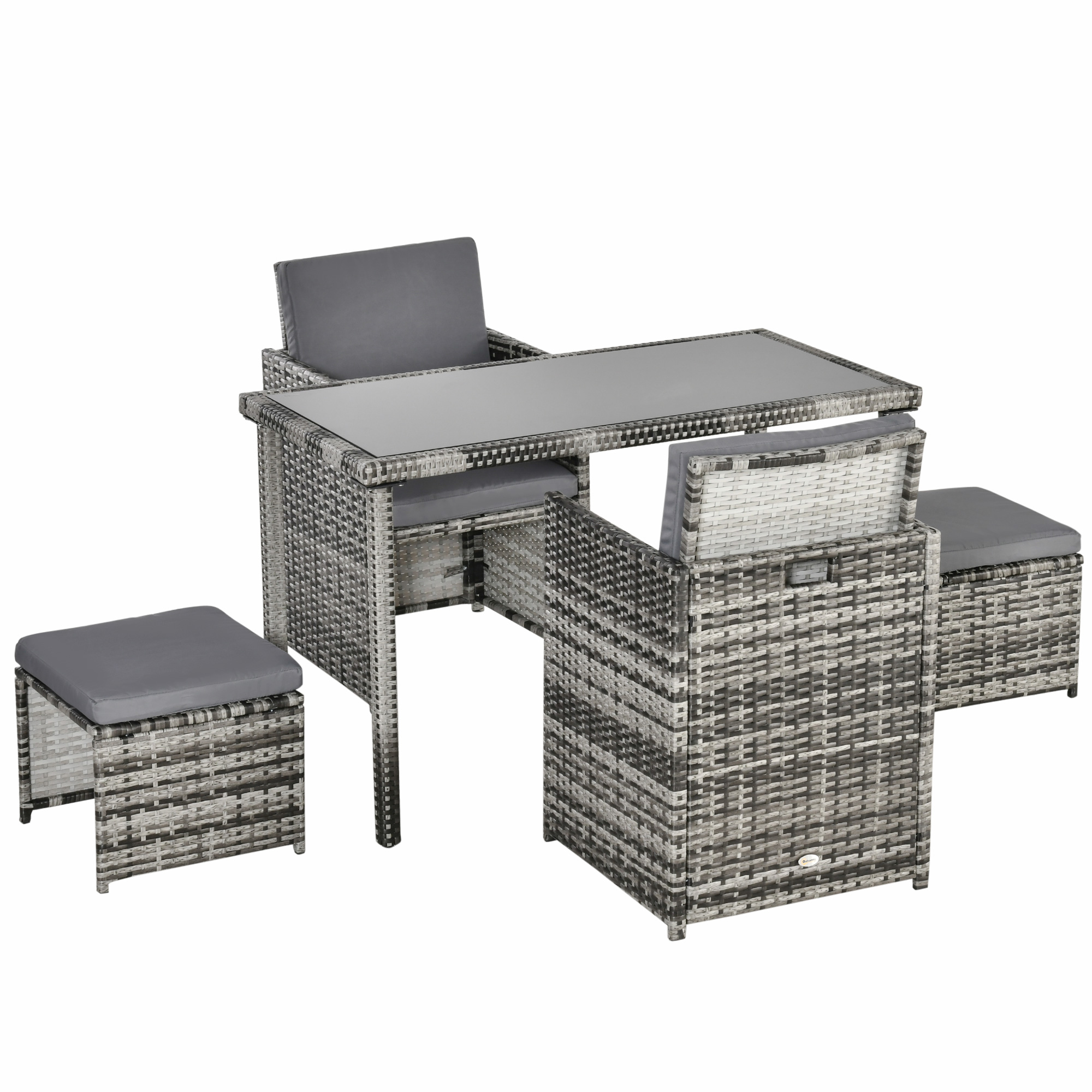 Outsunny Set 11 Pz Tavolo da Giardino con Sedie, Pouf e Cuscini, in Rattan PE, Grigio