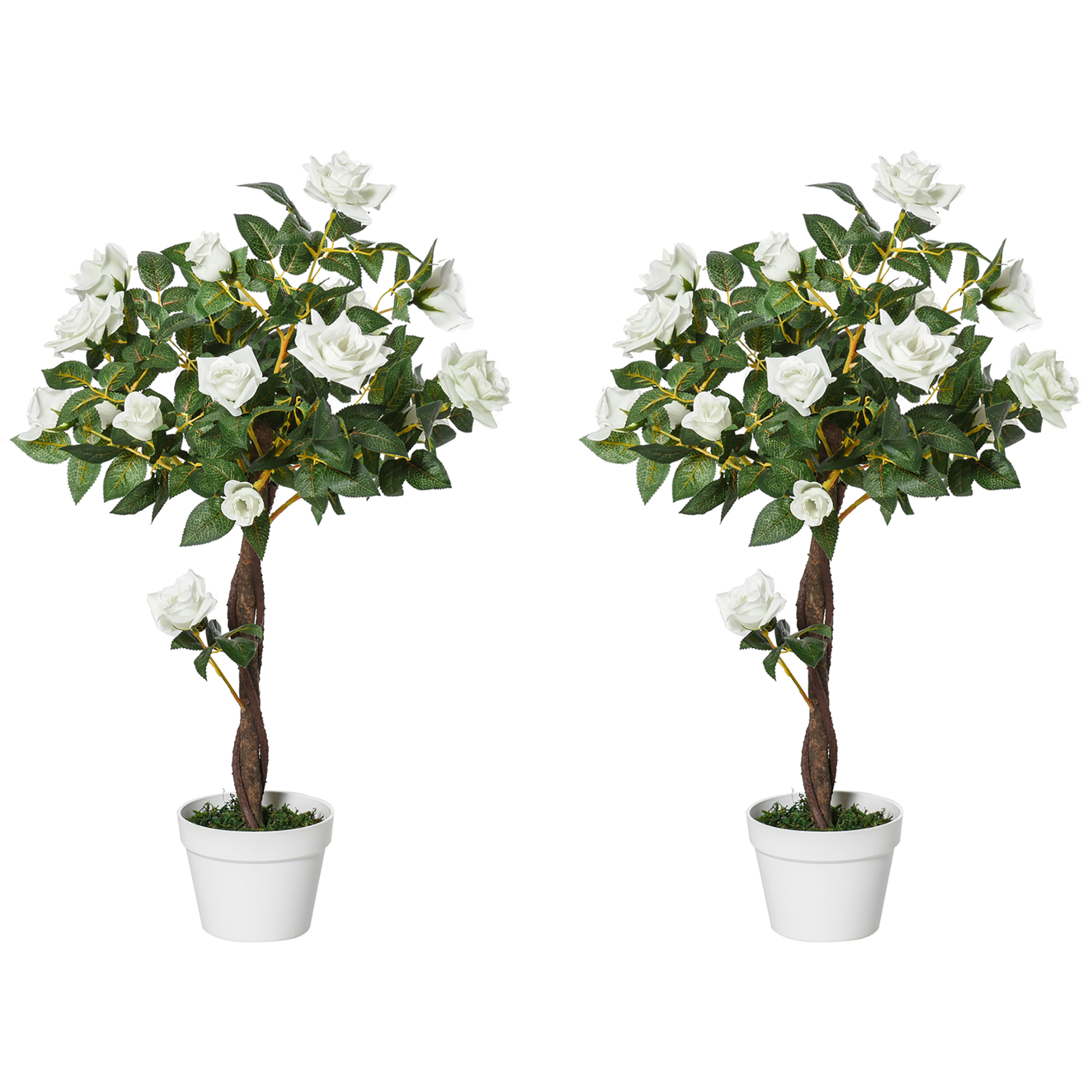 Outsunny Set 2 Alberelli di Rose Finte Alte 90cm con 21 Fiori e Vaso, Bianco e Verde Aosom Italy