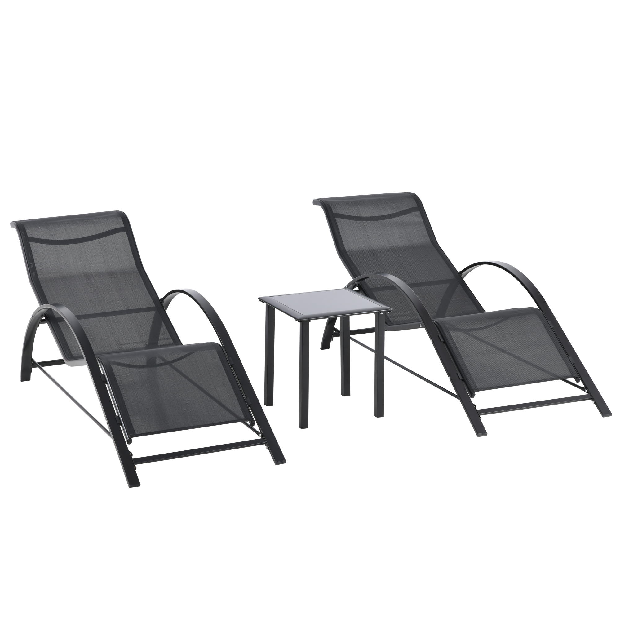 Outsunny Set 2 Lettini Prendisole e Tavolino con Ripiano, in Tessuto Traspirante e Metallo, 59x169x66 cm, Nero Aosom