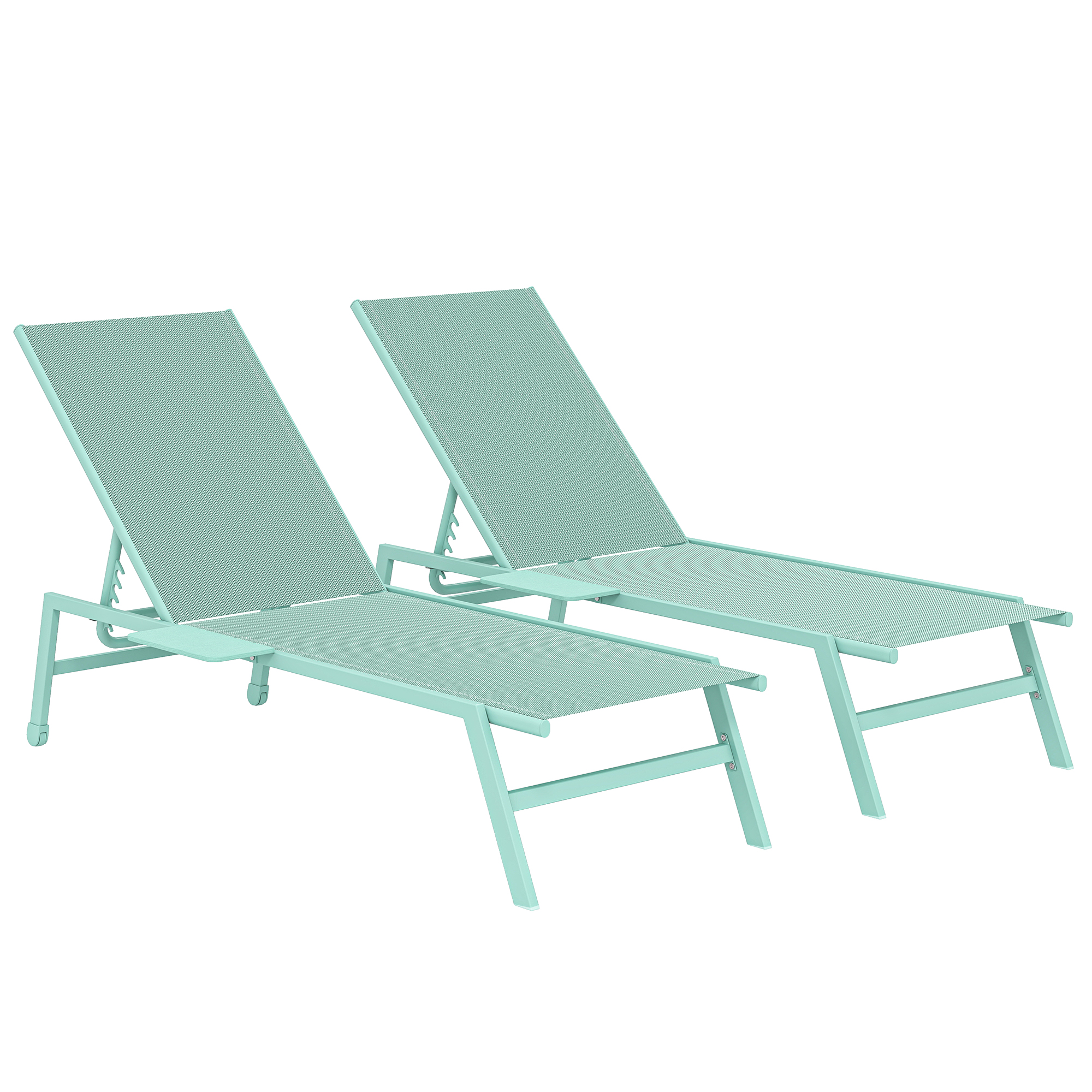 Outsunny Set 2 Lettini Prendisole Regolabili in 5 Posizioni con Tavolino Laterale e 2 Ruote, in Metallo e Poliestere, Verde Aosom Italy