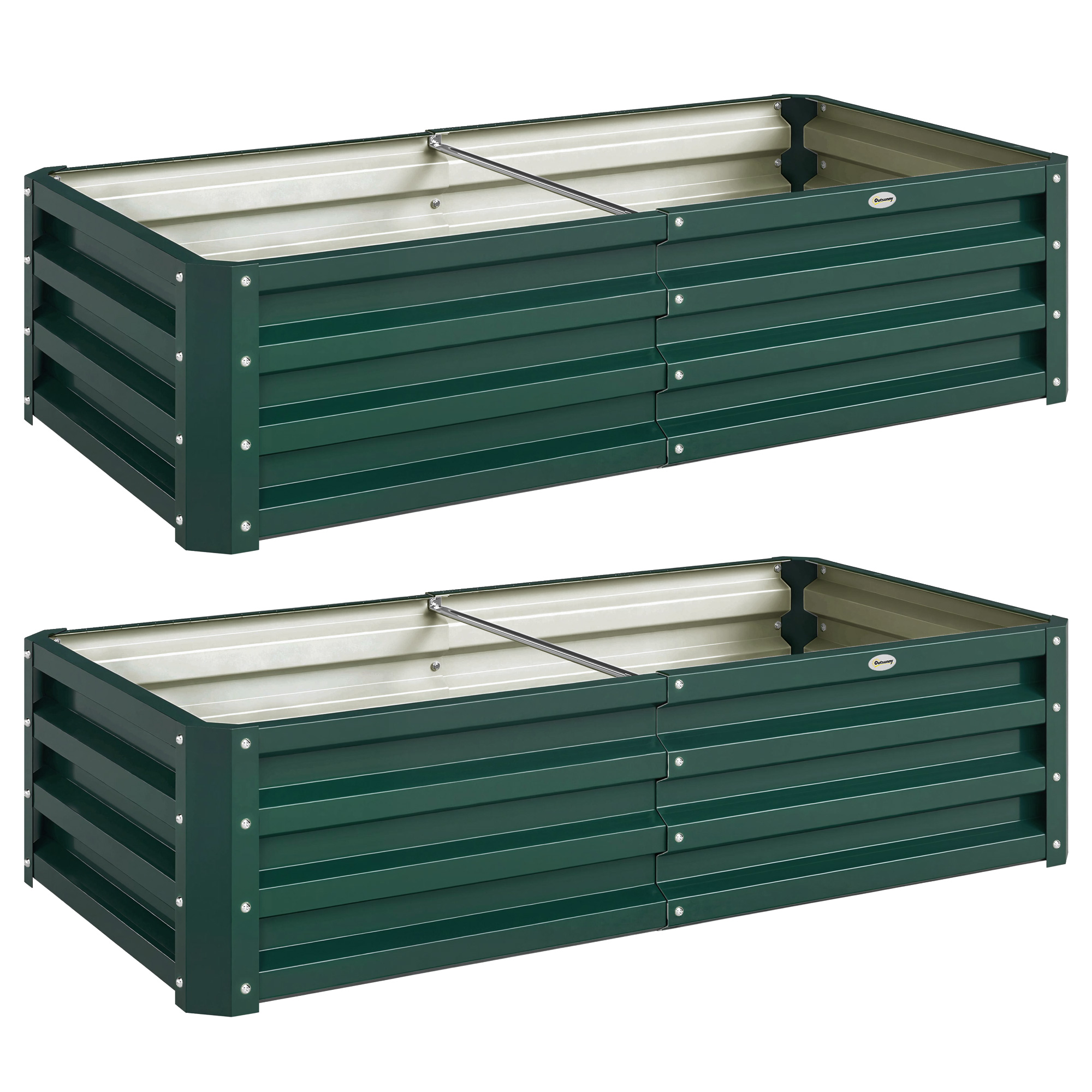 Outsunny Set 2 orti rialzati rettangolari in acciaio ondulato, 120x60x30,5 cm, Verde scuro Aosom Italy