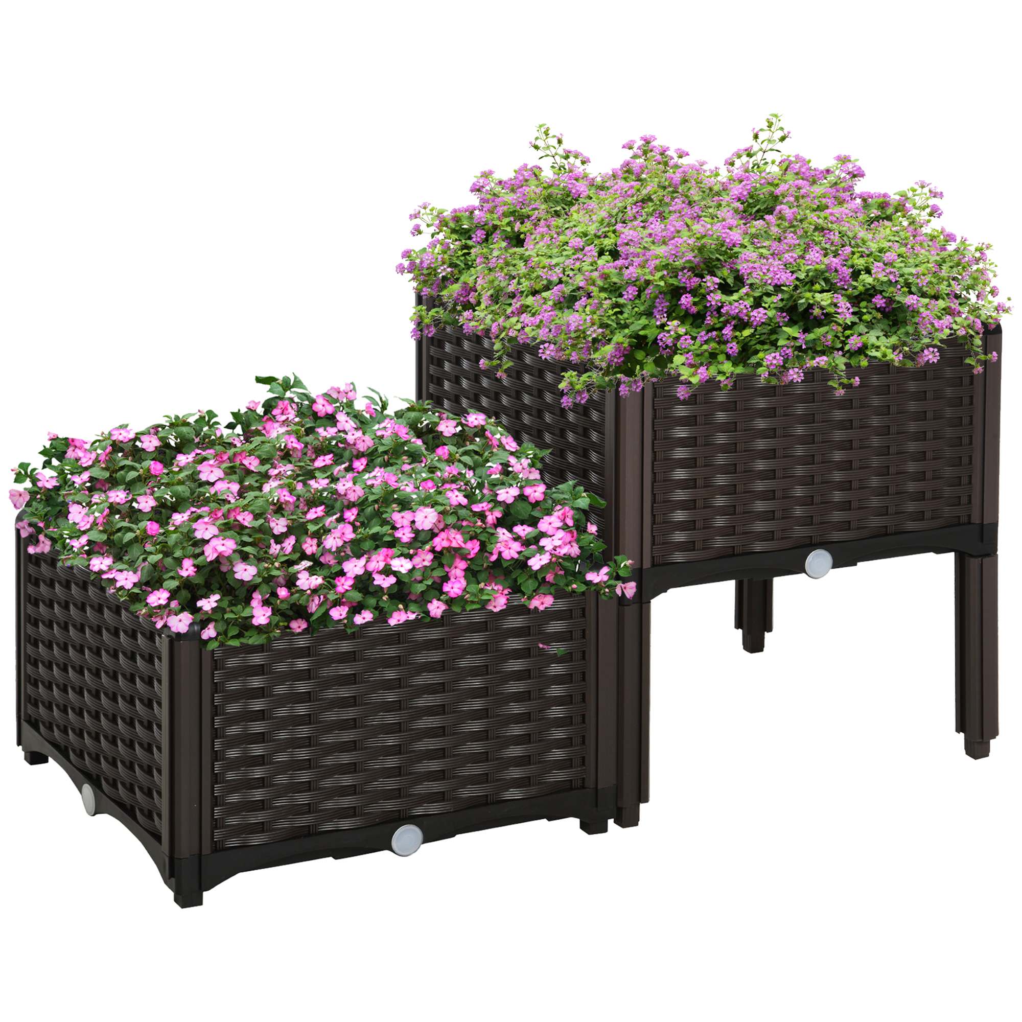 Outsunny Set 2 Pezzi Fioriere da Esterno Autoirriganti Rialzate Letto da Giardino Rialzato per Fiori Effetto Rattan in PP, Marrone