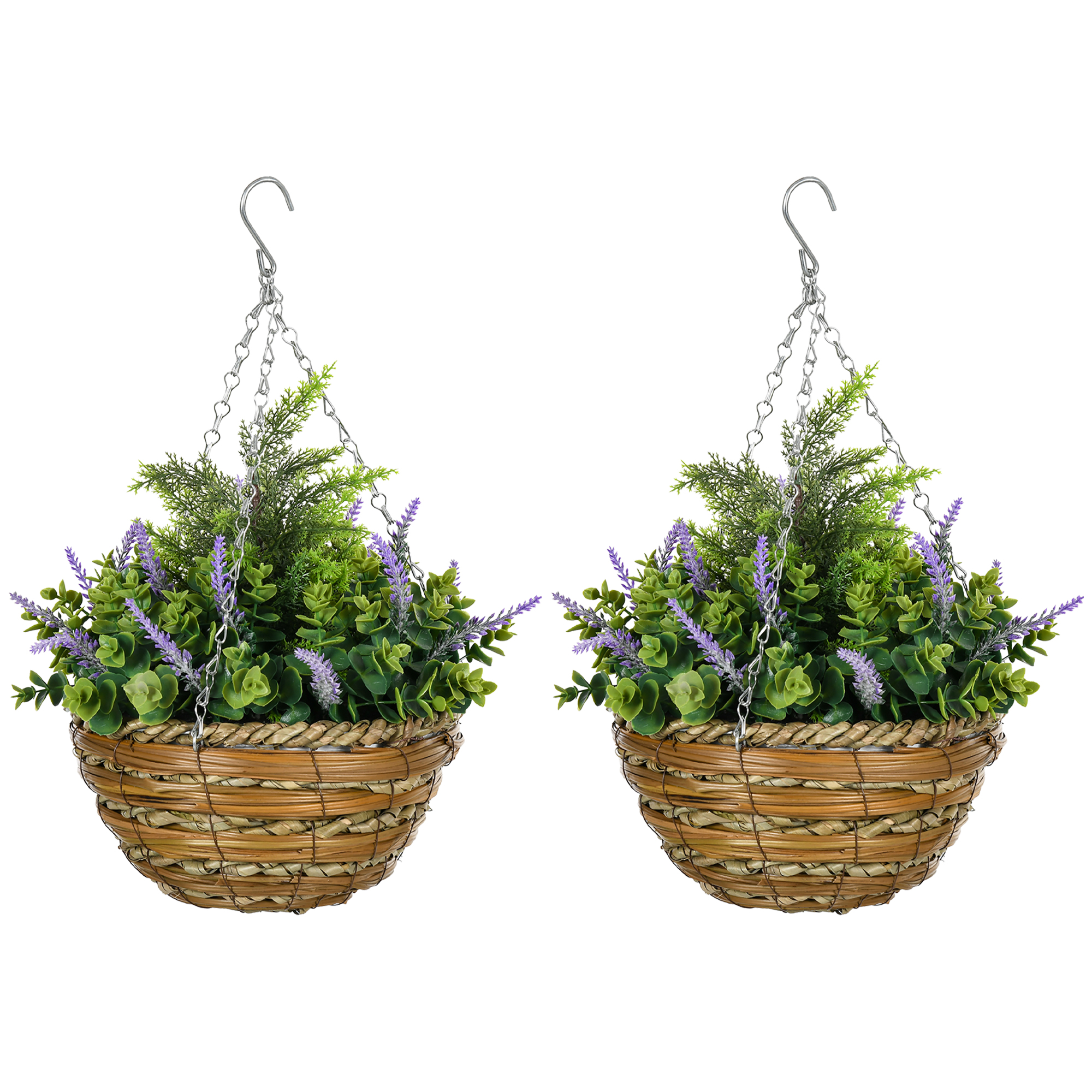 Outsunny Set 2 Piante Finte di Lisianthus con Vaso e Gancio, in PE e Vimini, Ø25x34 cm, Verde e Viola