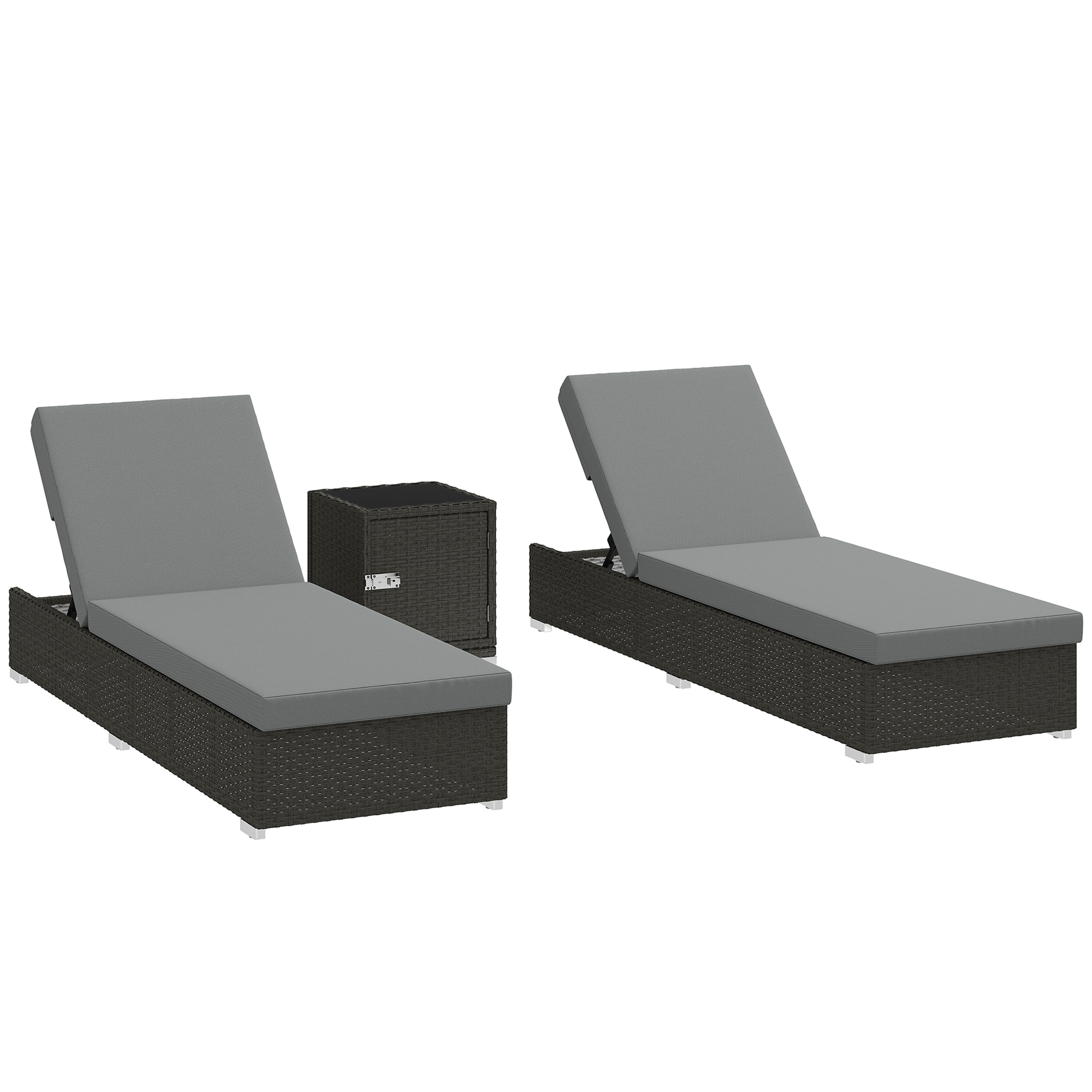 Outsunny Set 2 Sdraio da Giardino in Rattan con Tavolino Laterale e Schienale Regolabile, 184x60x22 cm, Grigio Scuro Aosom Italy