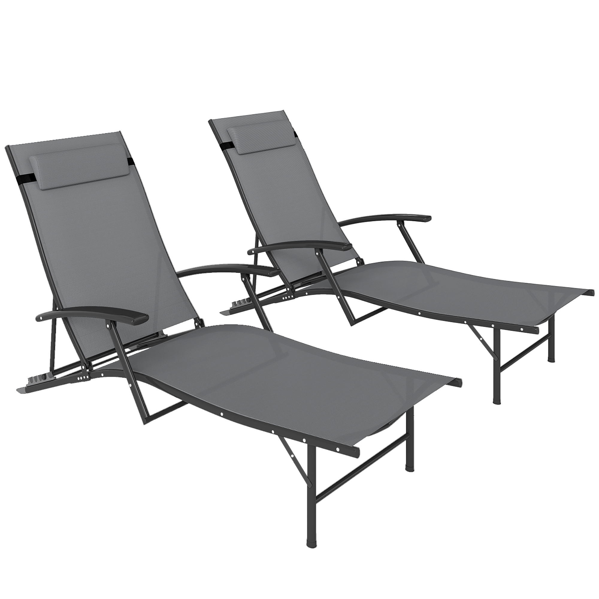 Outsunny Set 2 Sdraio da Giardino Pieghevoli con Schienale Regolabile su 4 Livelli e Cuscino, Grigio