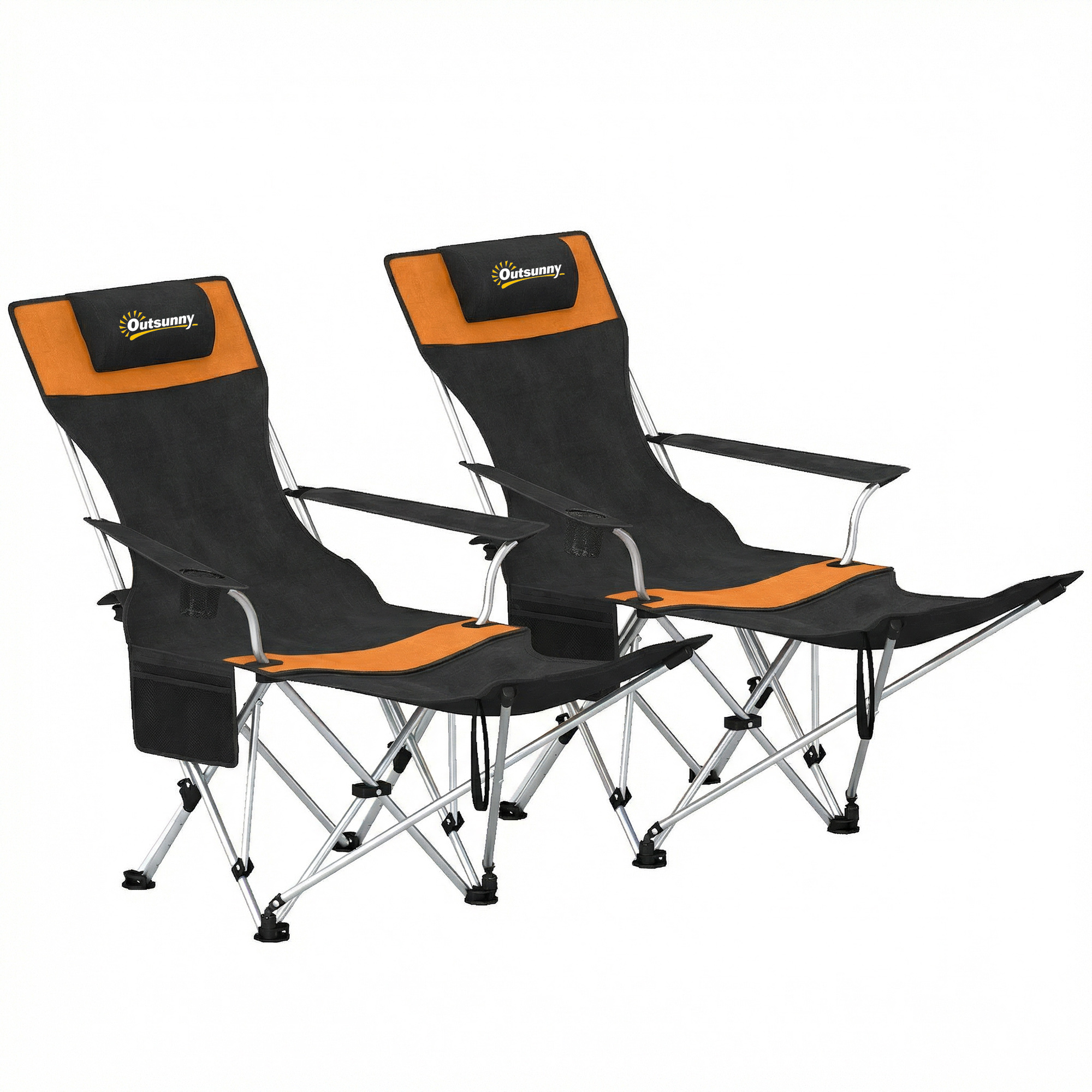 Outsunny Set 2 Sedie da Campeggio Pieghevoli con Poggiapiedi e Portabicchieri, 82x50/100x88 cm, Nero e Arancione Aosom Italy