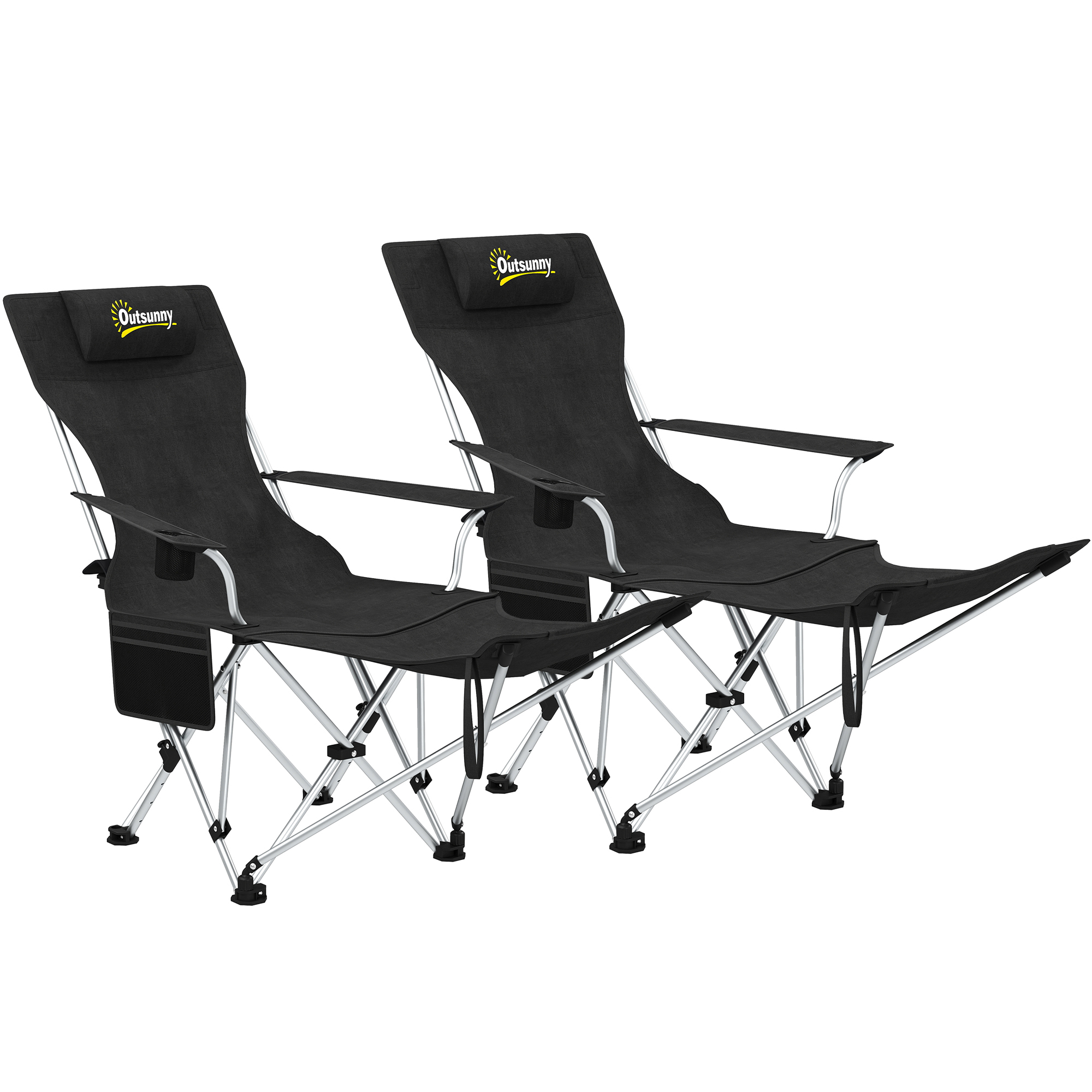Outsunny Set 2 Sedie da Campeggio Pieghevoli con Poggiapiedi Staccabile e Portabicchieri, 82x50/100x88 cm, Nero