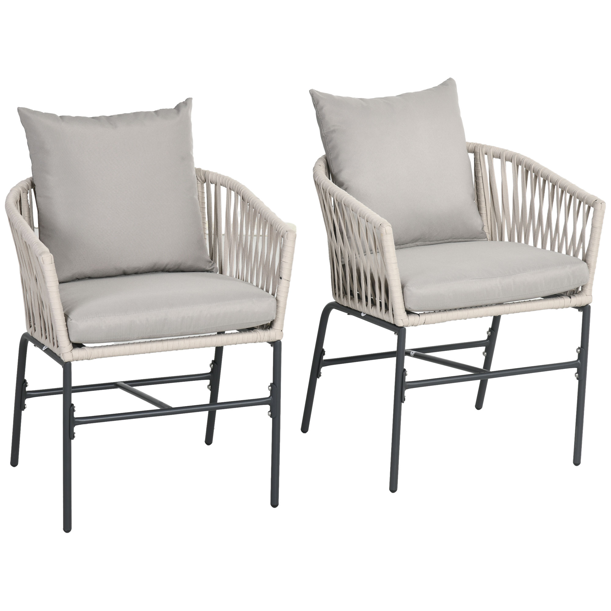 Outsunny Set 2 Sedie da Giardino in Stile Boho con Rivestimento in Corda e Cuscini Imbottiti, Grigio Aosom Outsunny Set 2 Sedie da Giardino in Stile Boho con Rivestimento in Corda e Cuscini Imbottiti, Grigio Aosom