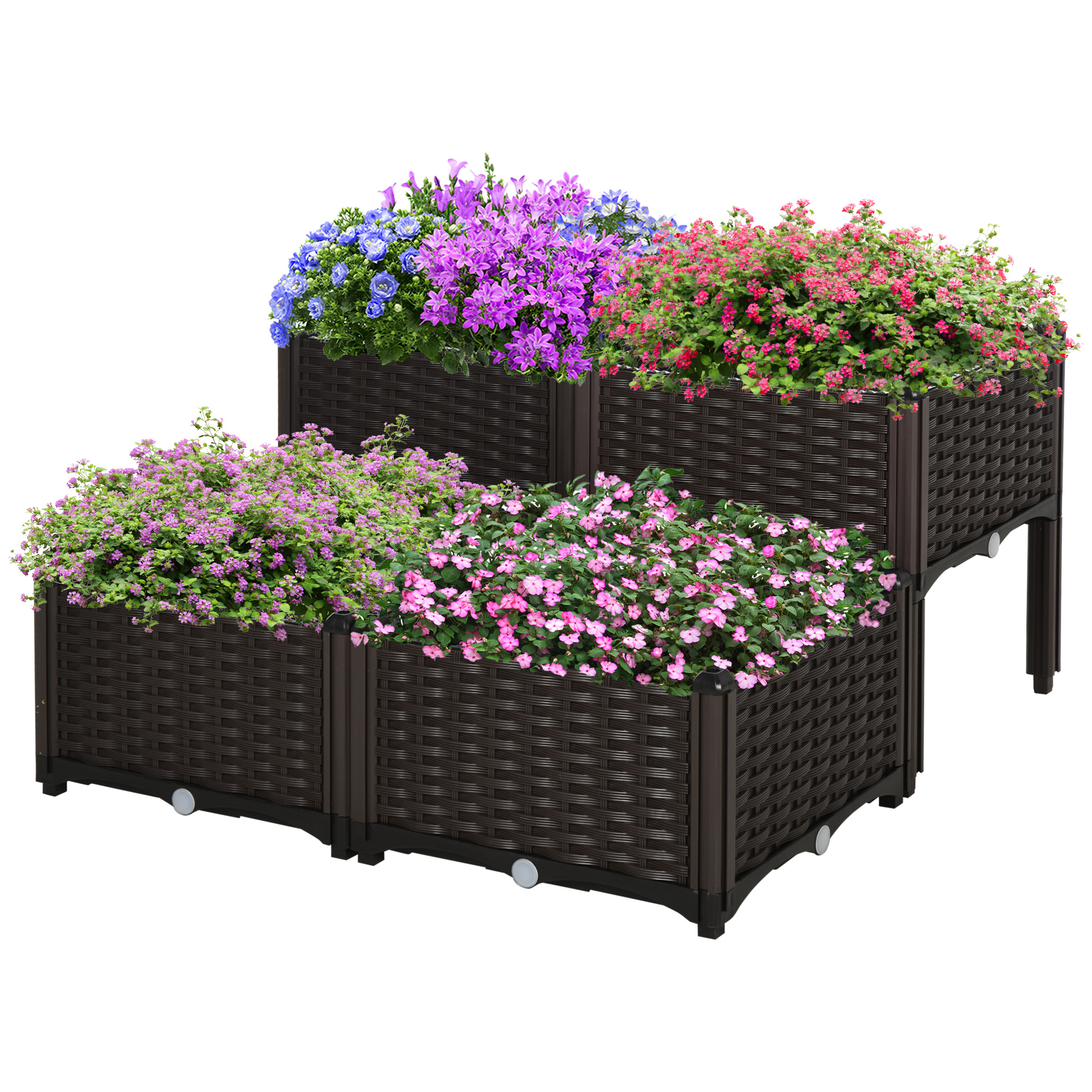 Outsunny Set 4 Pezzi Fioriere da Esterno Autoirriganti Rialzate Letto da Giardino Rialzato per Fiori Effetto Rattan in PP, Marrone Aosom