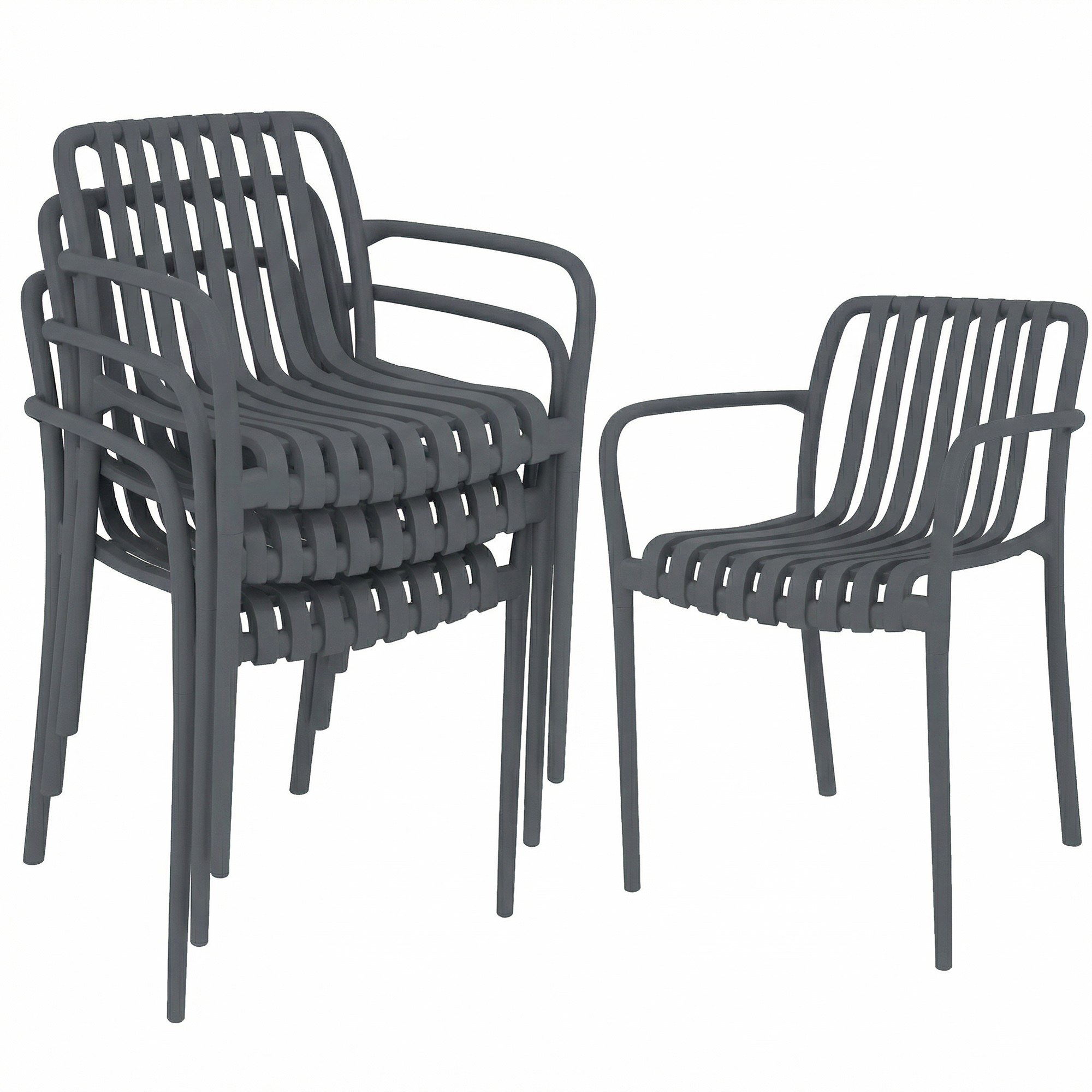 Outsunny Set 4 Sedie Ergonomiche da Giardino Impilabili per Terrazza con Design a Doghe e Braccioli, Grigio Scuro Aosom Italy Outsunny Set 4 Sedie Ergonomiche da Giardino Impilabili per Terrazza con Design a Doghe e Braccioli, Grigio Scuro Aosom Italy