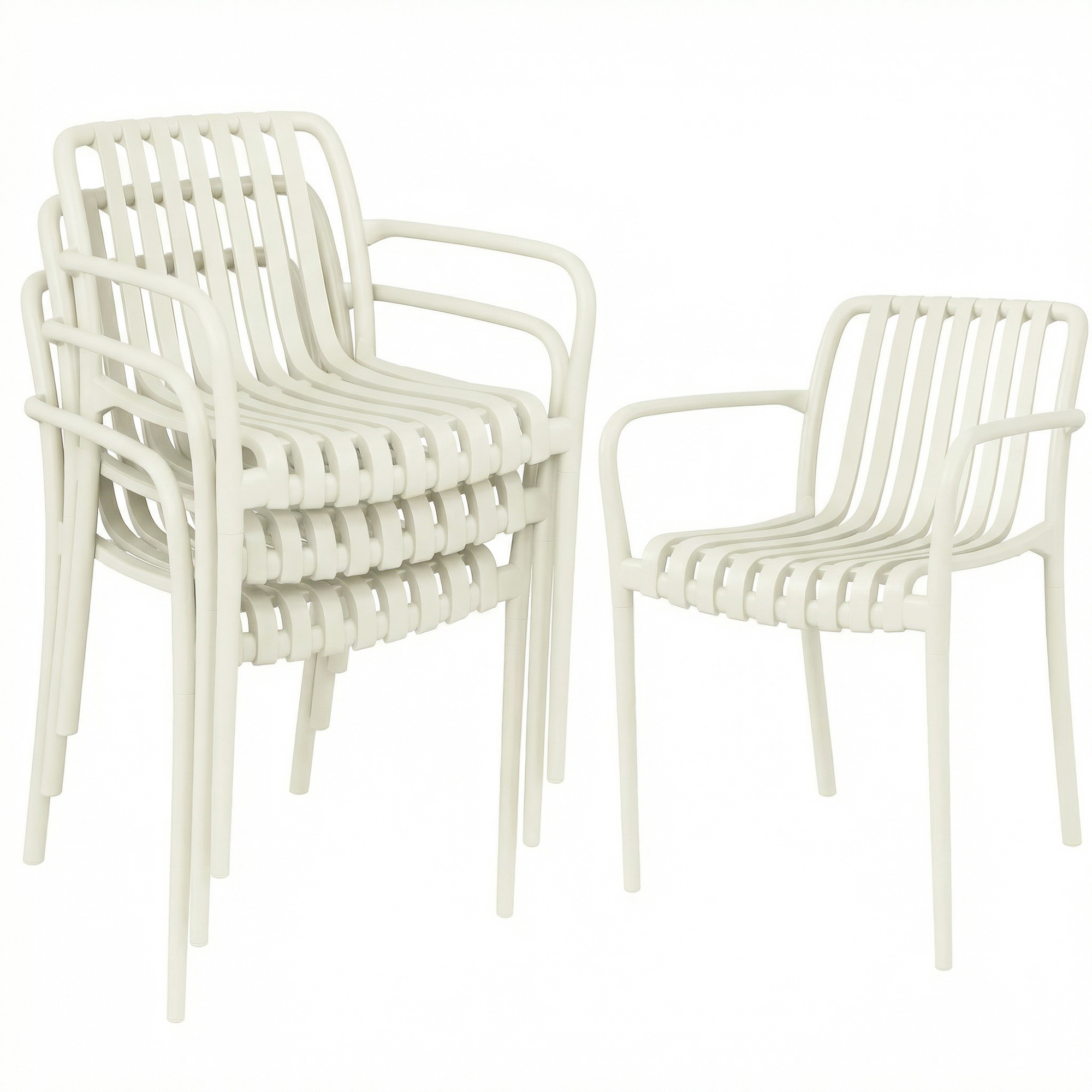 Outsunny Set 4 Sedie Ergonomiche da Giardino Impilabili per Terrazza con Design a Doghe e Braccioli, Bianco Crema Aosom Italy