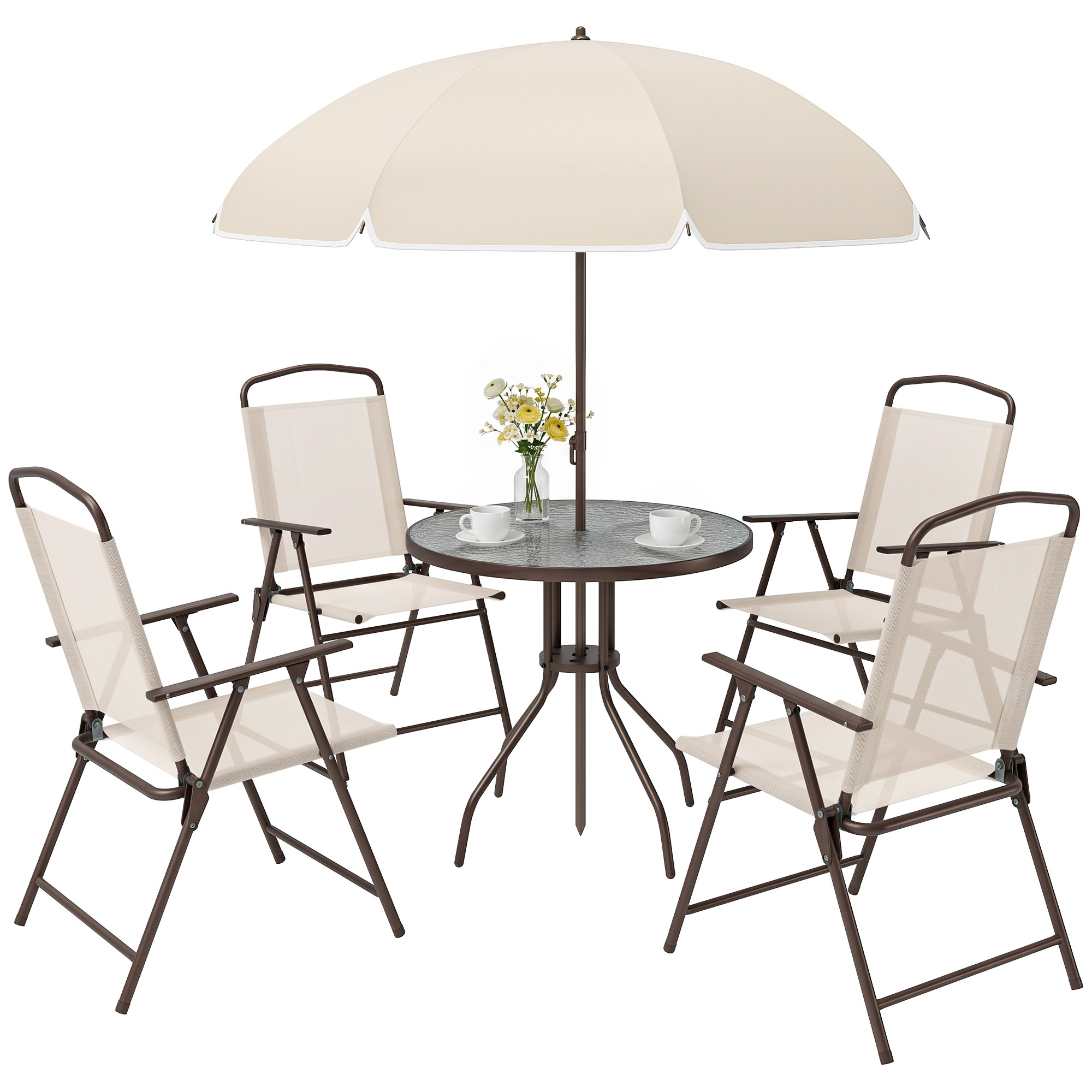 Outsunny Set 6 Mobili da Giardino con Tavolo, Sedia pieghevole e Ombrellone, in Tubi d'Acciaio, Crema Aosom Italy