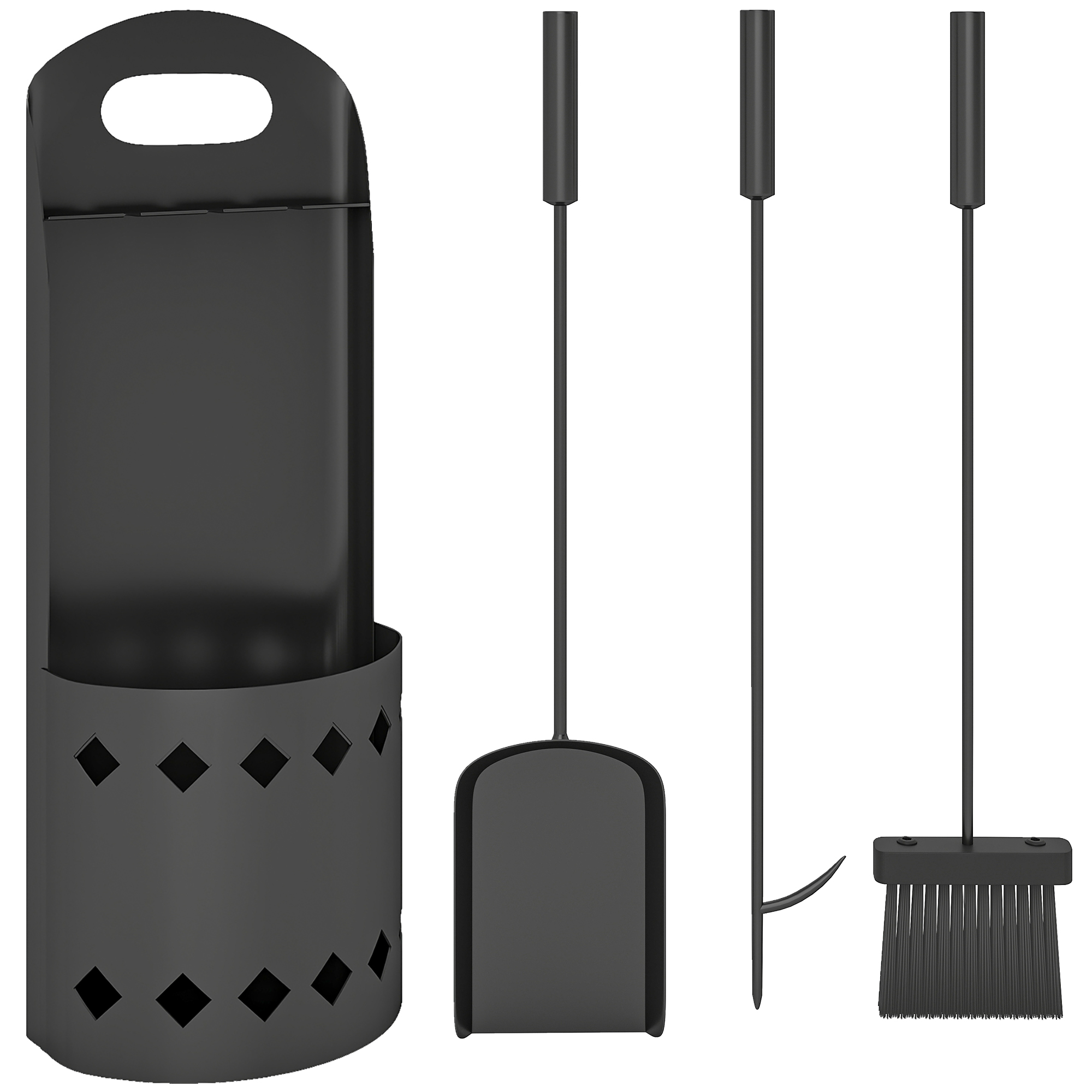 Outsunny Set accessori per camino da 4 pezzi, con scopino, paletta, attizzatoio e supporto, in metallo, Nero Aosom Italy Outsunny Set accessori per camino da 4 pezzi, con scopino, paletta, attizzatoio e supporto, in metallo, Nero Aosom Italy