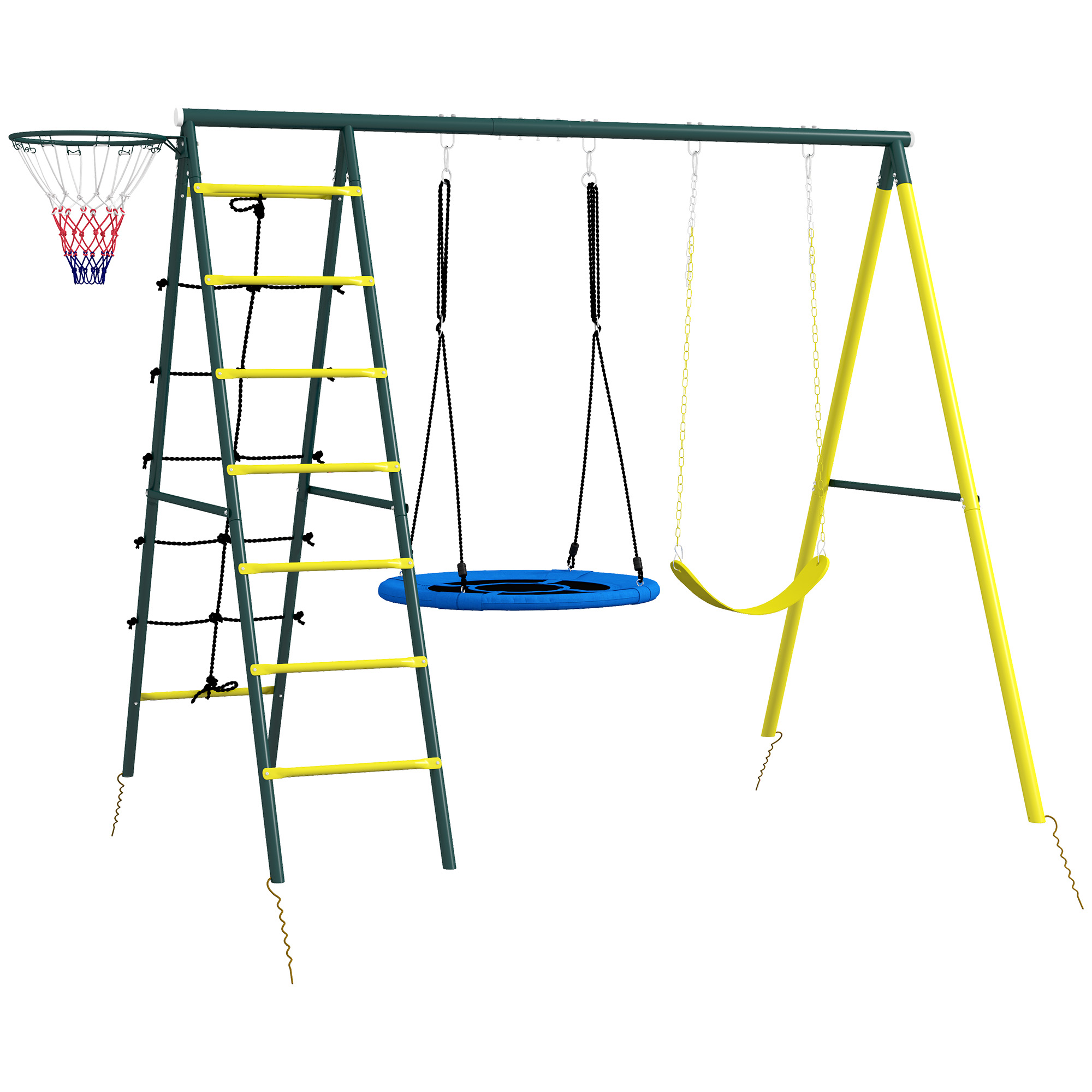 Outsunny Set Altalene da Giardino Rotonda e Classica, Scalette in Acciaio e Corda e Canestro per Bambini 3-8 Anni Aosom