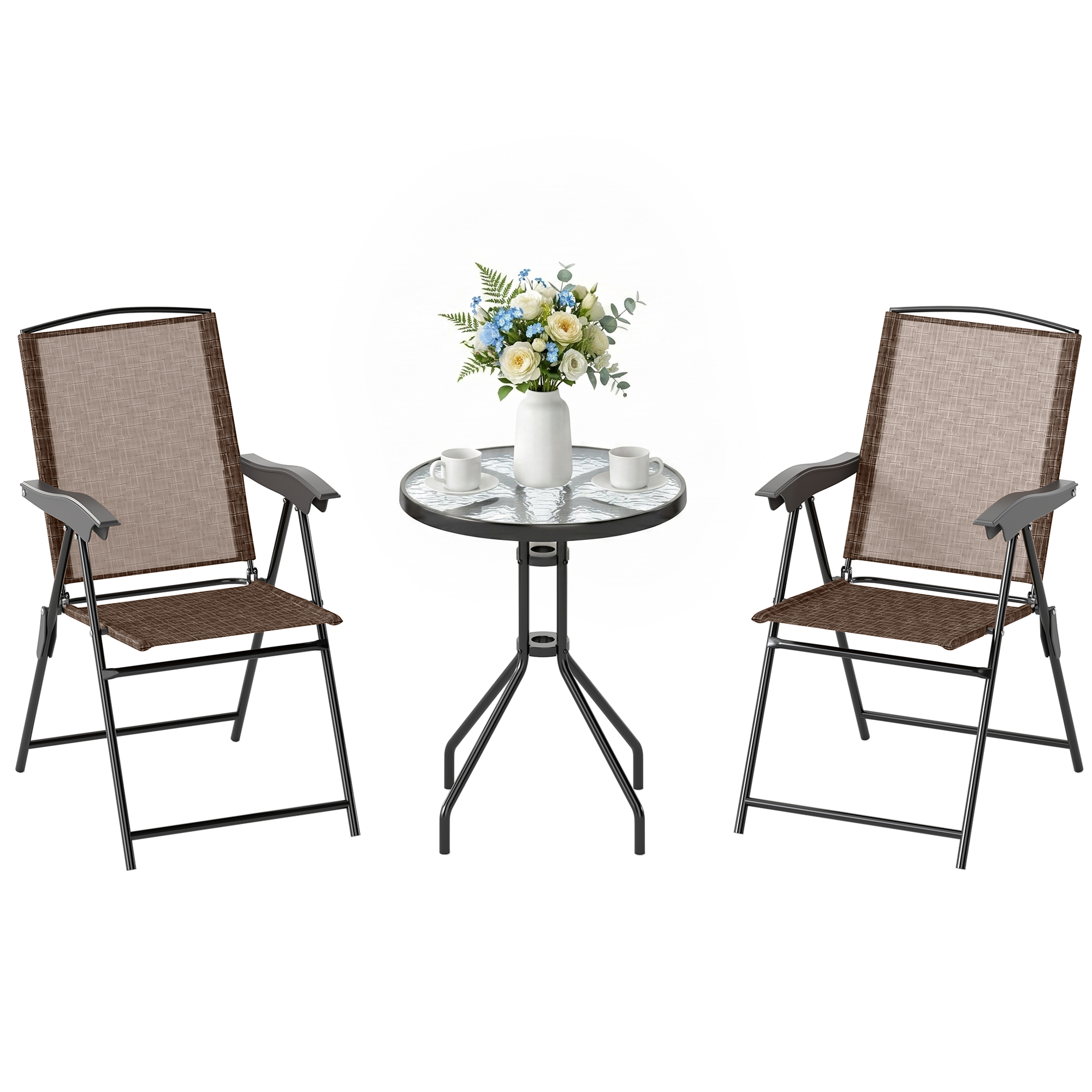 Outsunny Set Arredo per Esterni con Tavolino in Vetro e Sedie, Set Mobili 3pz Pieghevole Marrone Aosom