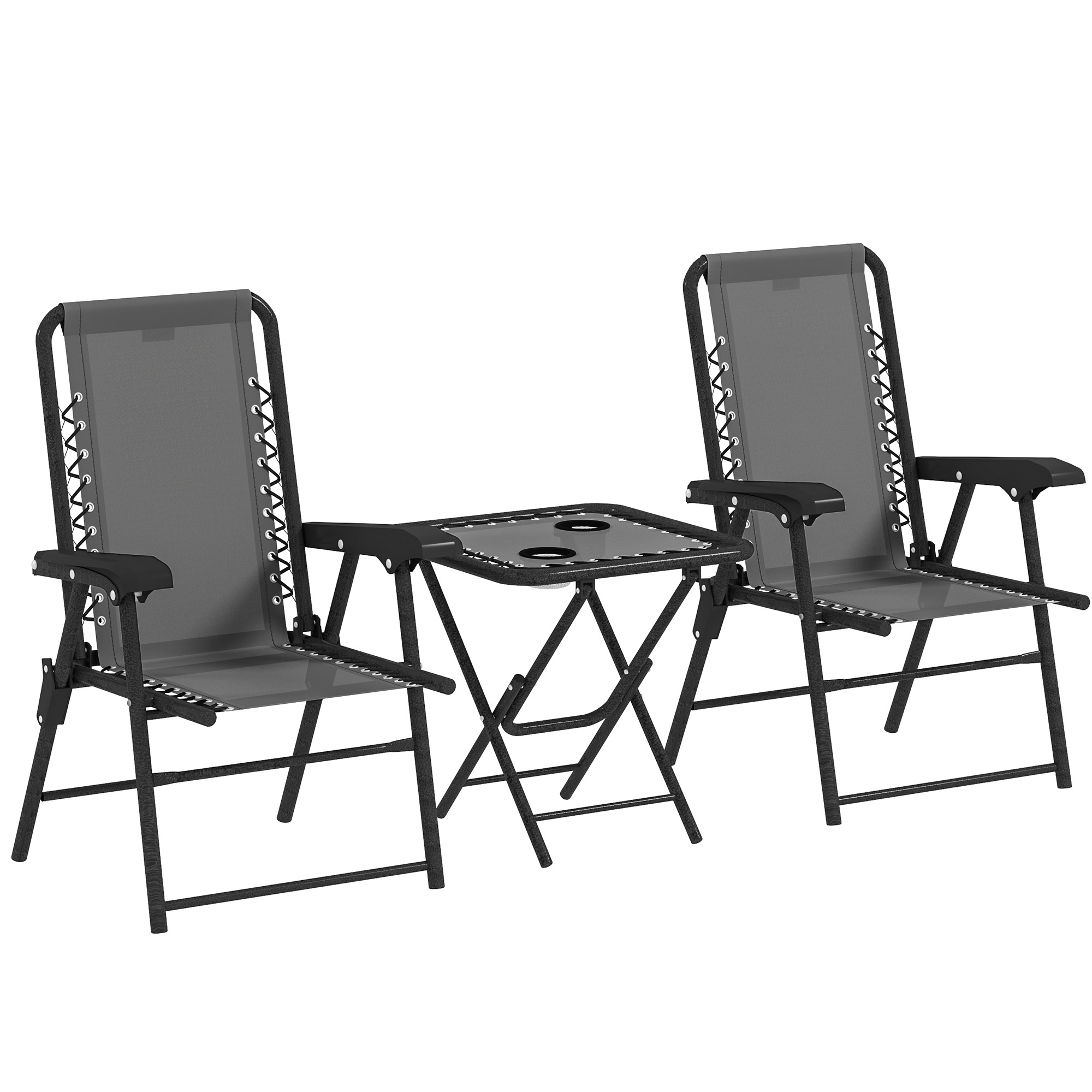 Outsunny Set Bistro 3 pezzi in acciaio resistente alle intemperie, set di mobili da giardino con tavolo bistrot pieghevole, portabicchieri, sedie da giardino, grigio scuro Aosom Italy Outsunny Set Bistro 3 pezzi in acciaio resistente alle intemperie, set di mobili da giardino con tavolo bistrot pieghevole, portabicchieri, sedie da giardino, grigio scuro Aosom Italy