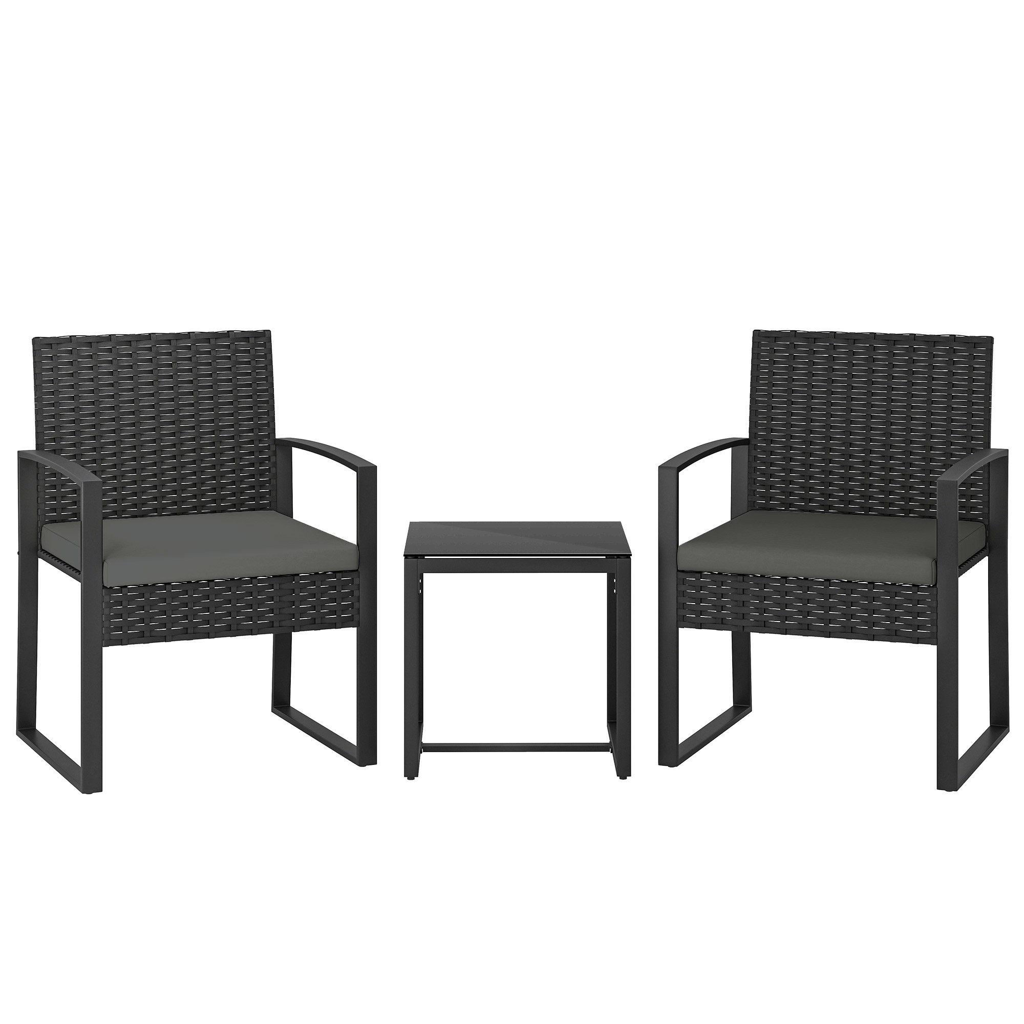 Outsunny Set bistro in rattan, set da giardino 3 pezzi con 2 sedie da giardino, tavolino, cuscini rimovibili grigio scuro Aosom Italy