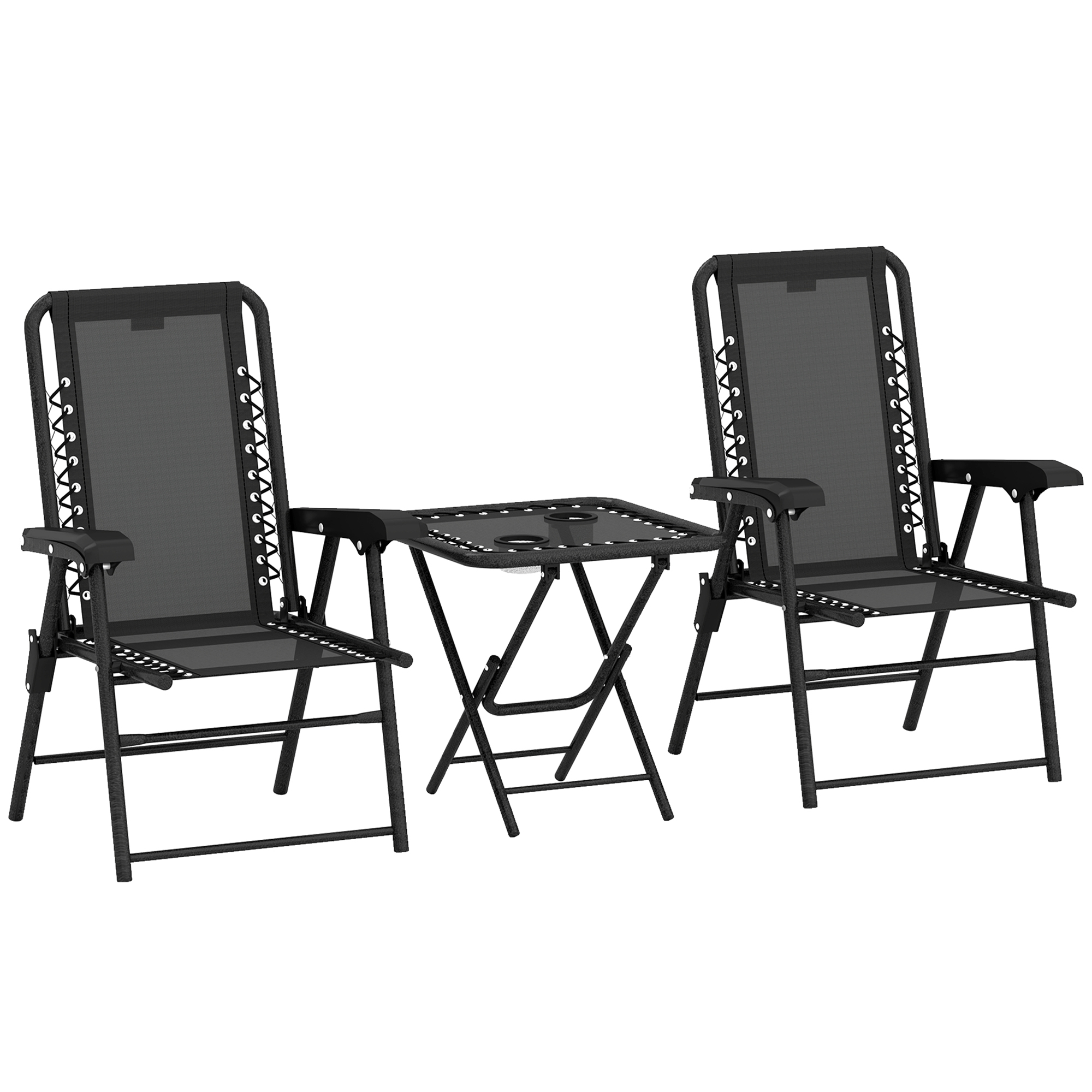 Outsunny Set Bistrot 3 pezzi in acciaio resistente alle intemperie, set mobili da giardino con tavolo pieghevole e portabicchieri, sedie da giardino, Nero Aosom Italy