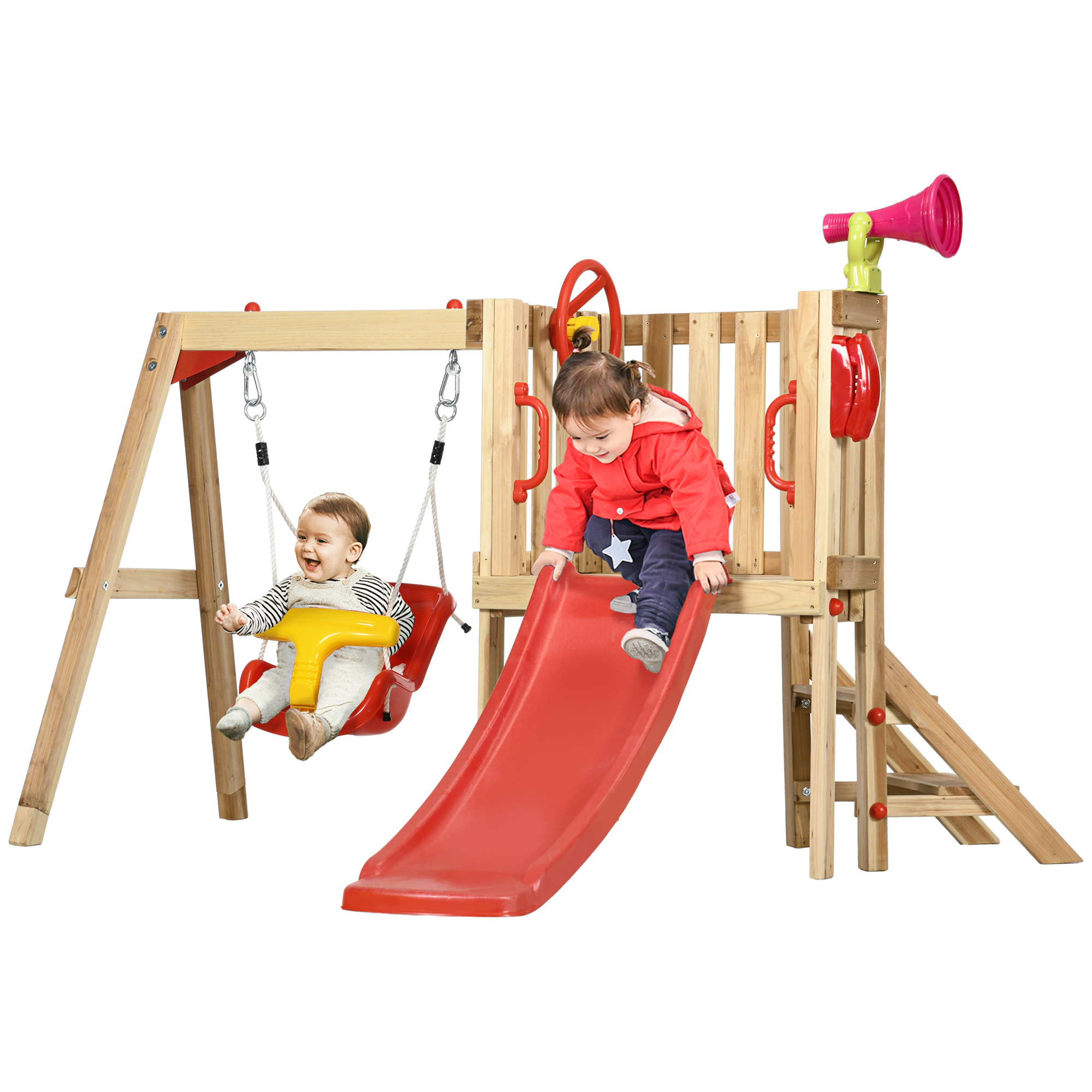 Outsunny Set con Scivolo e Altalena da Giardino per Bambini Età 18-48 Mesi, in Legno e Plastica, Rosso Aosom