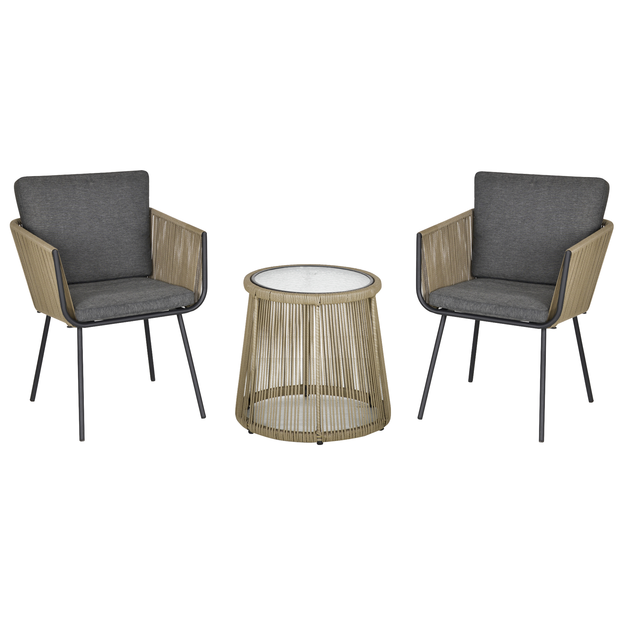 Outsunny Set con Tavolino e Sedie da Giardino da 3 Pezzi, Sedie in Rattan per Esterni, Cachi e Grigio Aosom