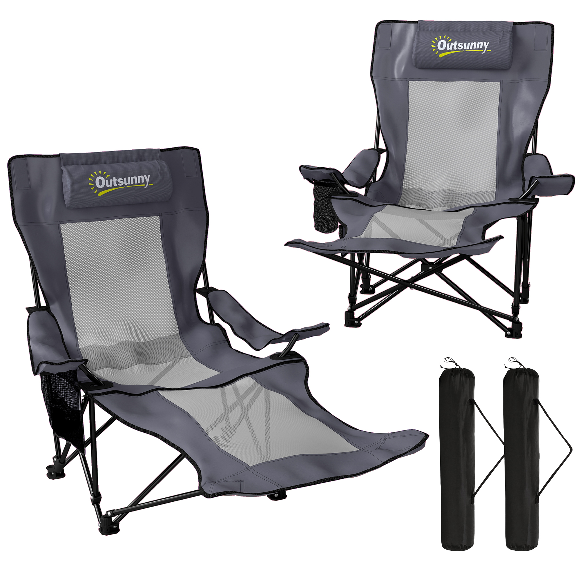 Outsunny Set da 2 Sedie da Campeggio Pieghevoli, Sedia da Pesca con Schienale Regolabile, Poggiapiedi, Portabicchiere e Poggiatesta, Grigio Scuro Aosom Italy