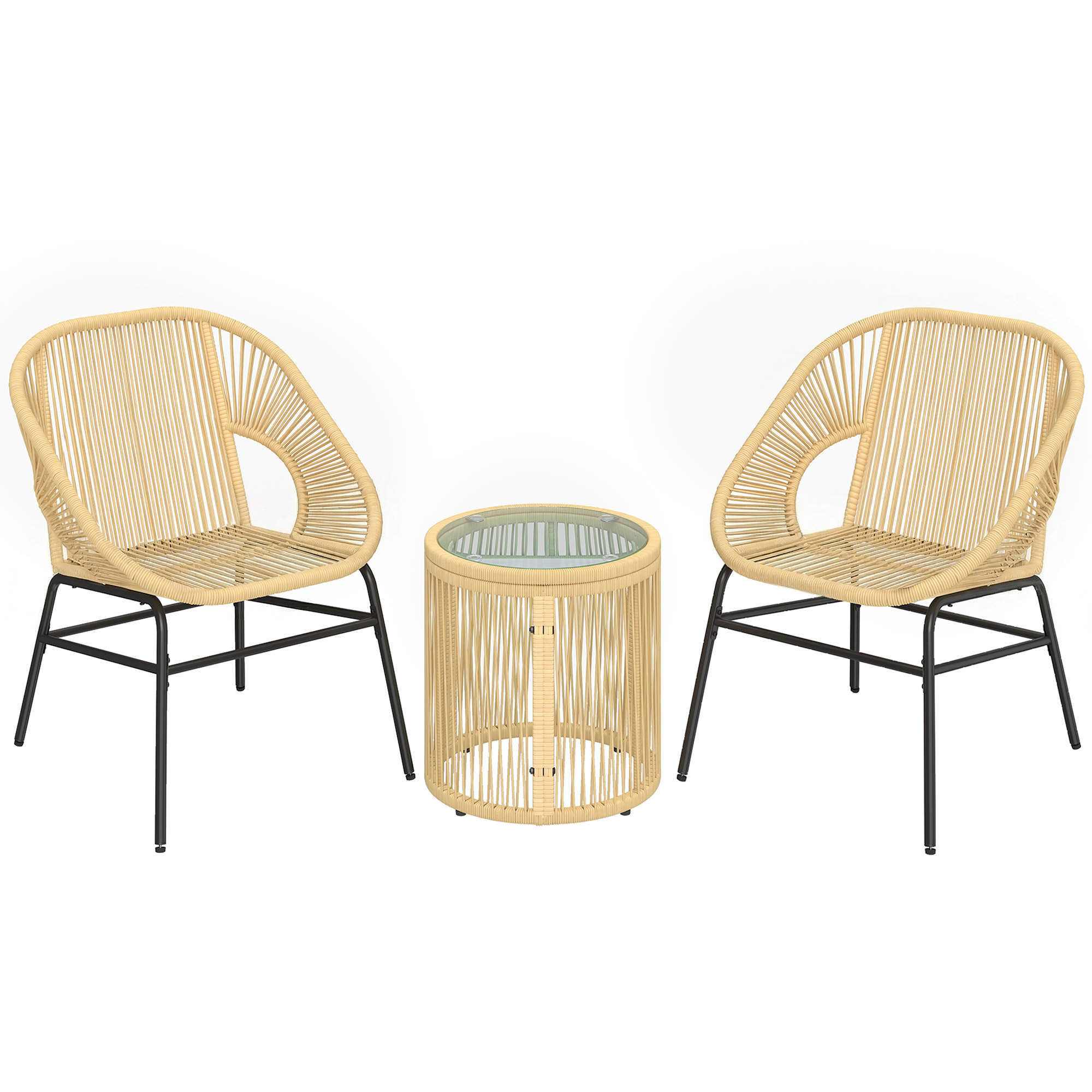 Outsunny Set da Bistrò da 3 Pezzi in Rattan e Acciaio con 2 Sedie, Tavolo Rotondo con Piano in Vetro Temperato, Beige Aosom Italy