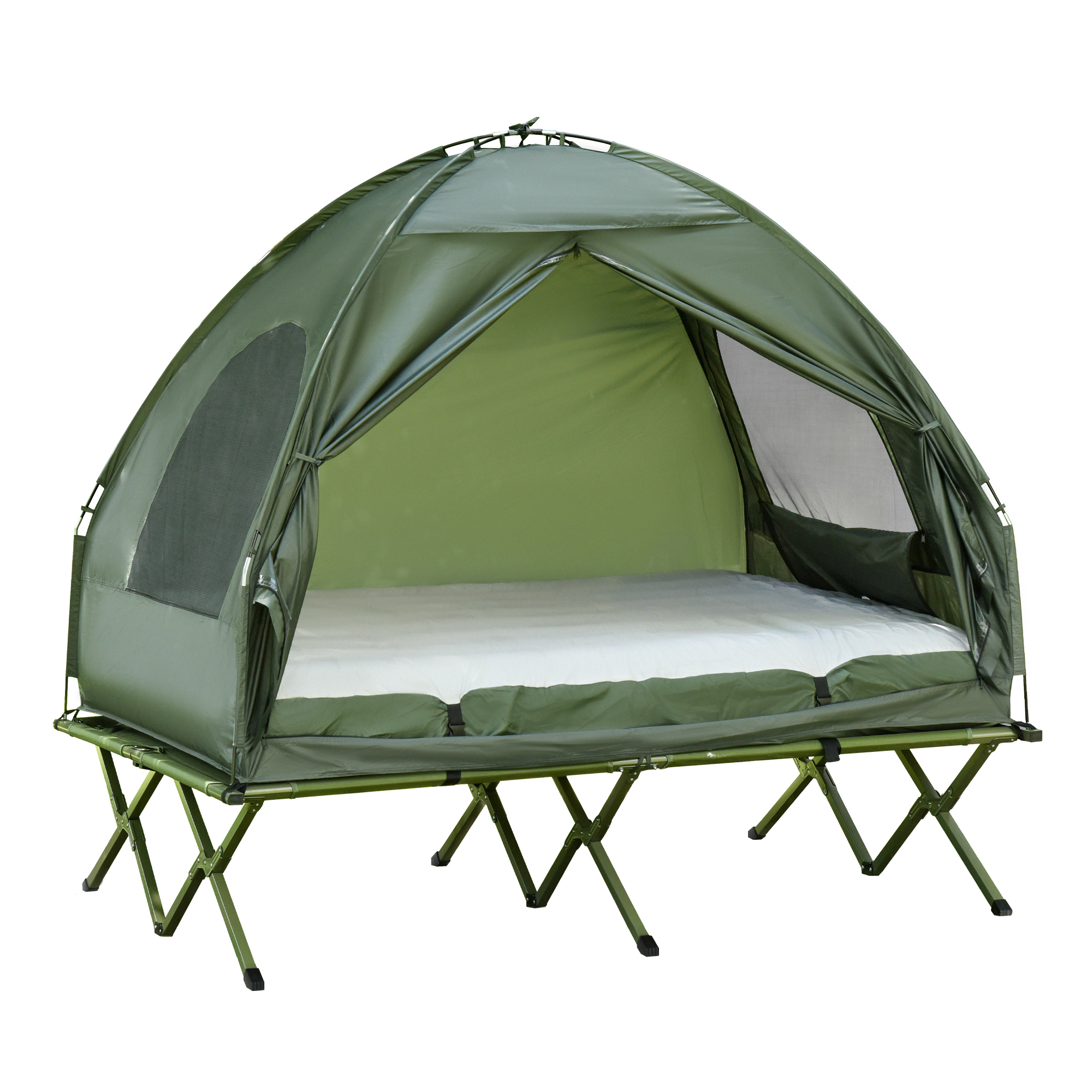 Outsunny Set da Campeggio Tenda Letto 2 Persone Materasso Gonfiabile con Borsa per il Trasporto in Polietilene, Verde Scuro