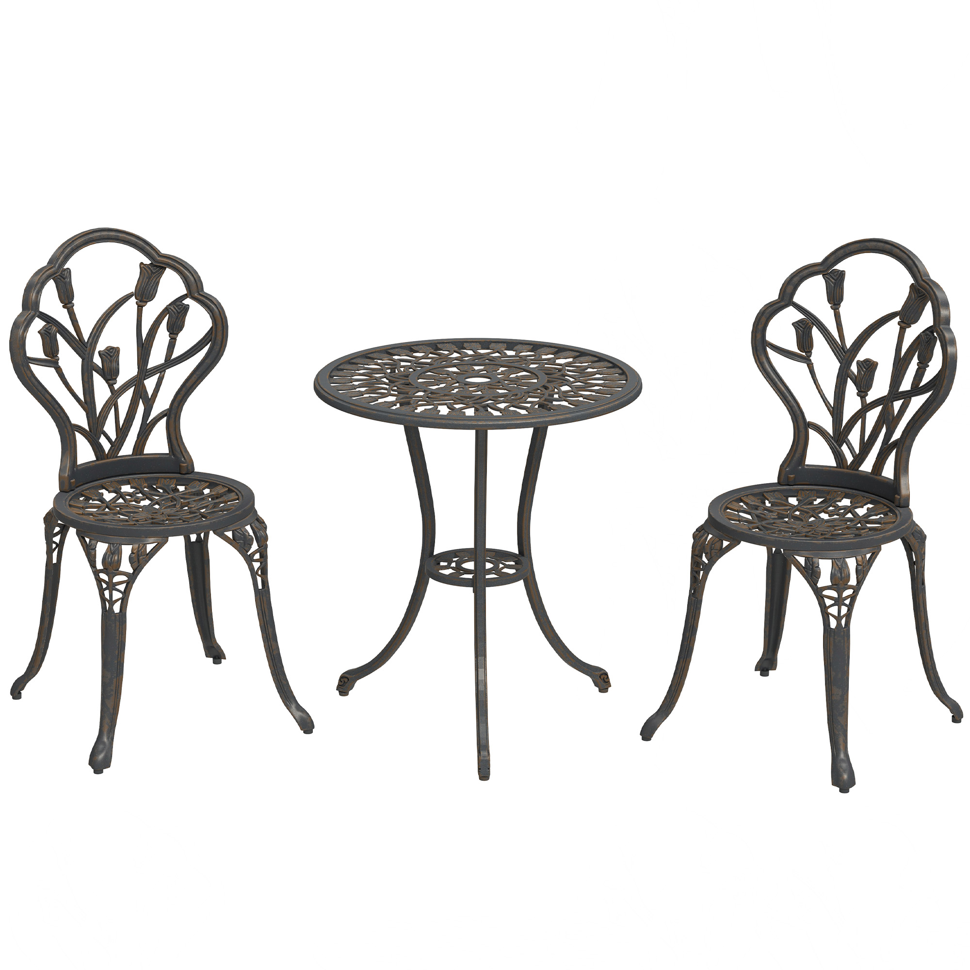 Outsunny Set da Esterno 3 Pezzi con 2 Sedie da Giardino e Tavolo Rotondo con Foro per Ombrellone, Bronzo Aosom Italy